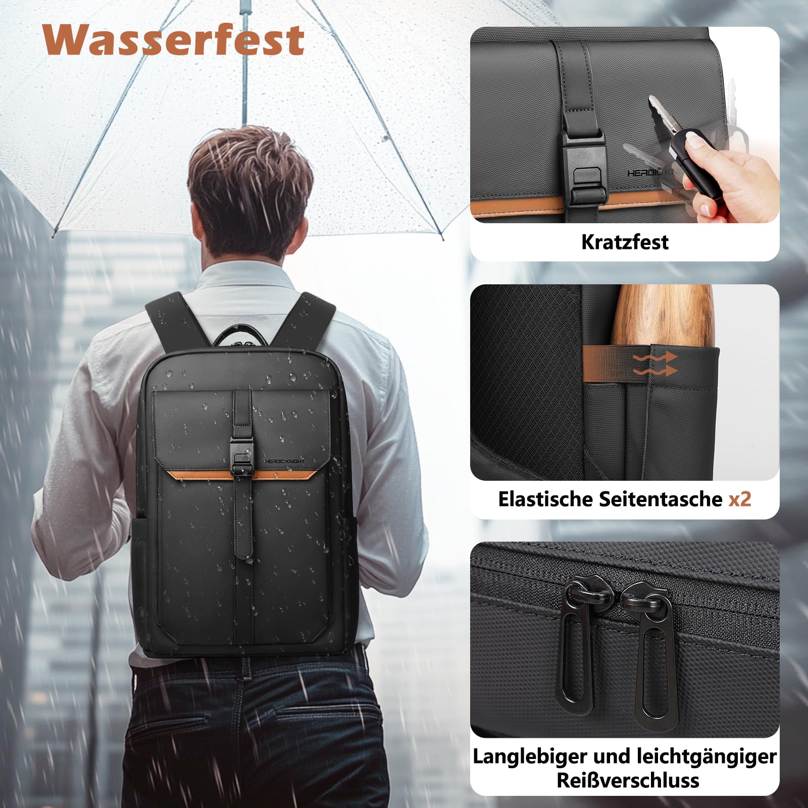 hk Business Rucksack Herren Damen Slim Laptop Rucksack 15,6 Zoll | Wasserabweisender mit Magnetverschluss, Tagesrucksack für Arbeit, Uni, Alltag und Reise – Schwarz