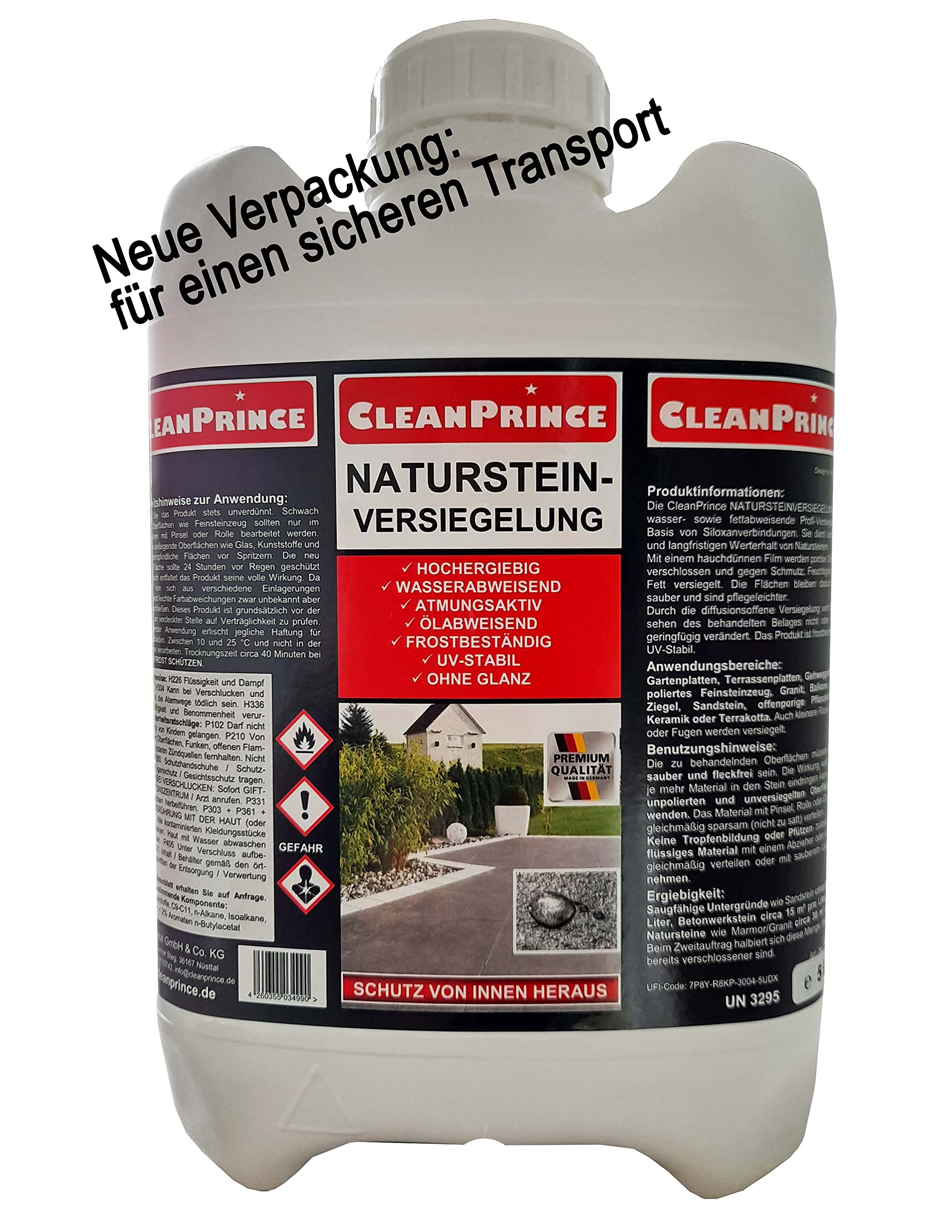 CleanPrince Natursteinversiegelung 5 Liter fettabweisend wasser öl abweisend Naturstein versiegeln außen ohne Glanz Sandstein Granit offenporige Pflanzkübel Keramik Terrakotta Naturstein pflegen