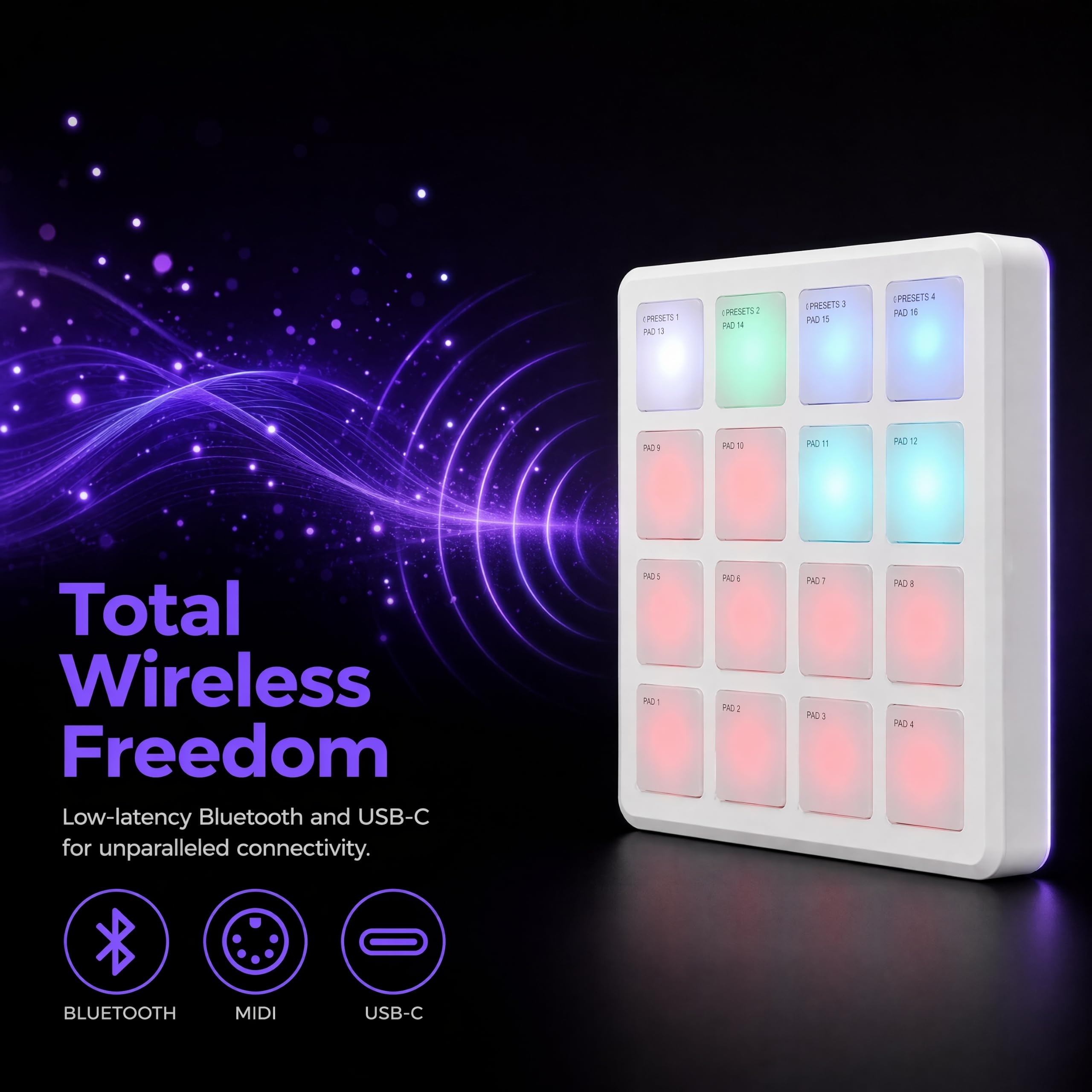 M-VAVE SMC-PAD Pocket PAD - Controlador inalámbrico MIDI de tambor, 16 almohadillas RGB sensibles a la velocidad con Aftertouch, almohadilla MIDI portátil, recargable, repetición de notas, para DAW