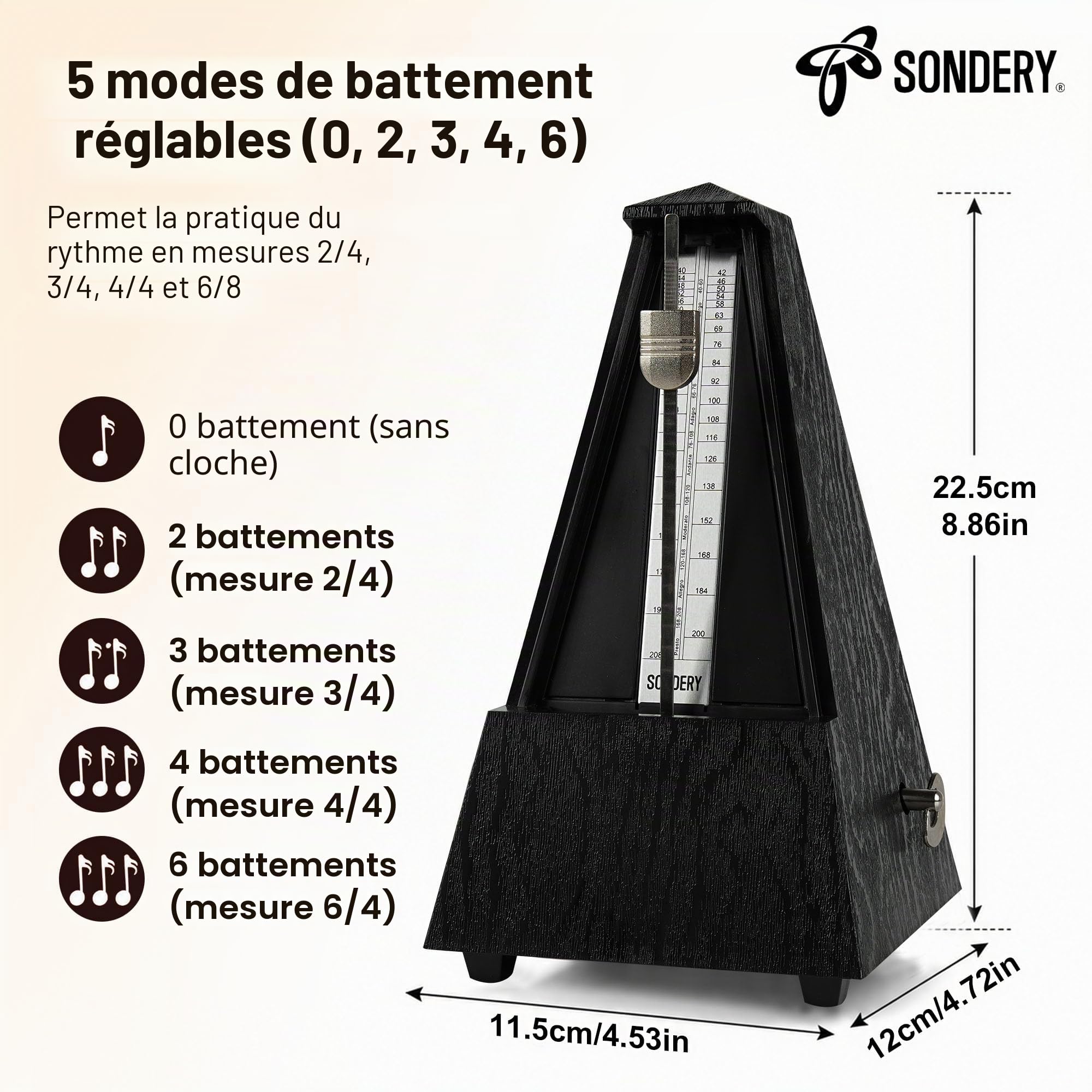 Sondery Accordeur Mécanique Classique avec Cloche pour Piano, Guitare, Batterie, Violon, Saxophone, Tous les Instruments, Gamme de Tempo 40-208bpm, Battements 02346, Boîtier en Bois Grain ABS Noir