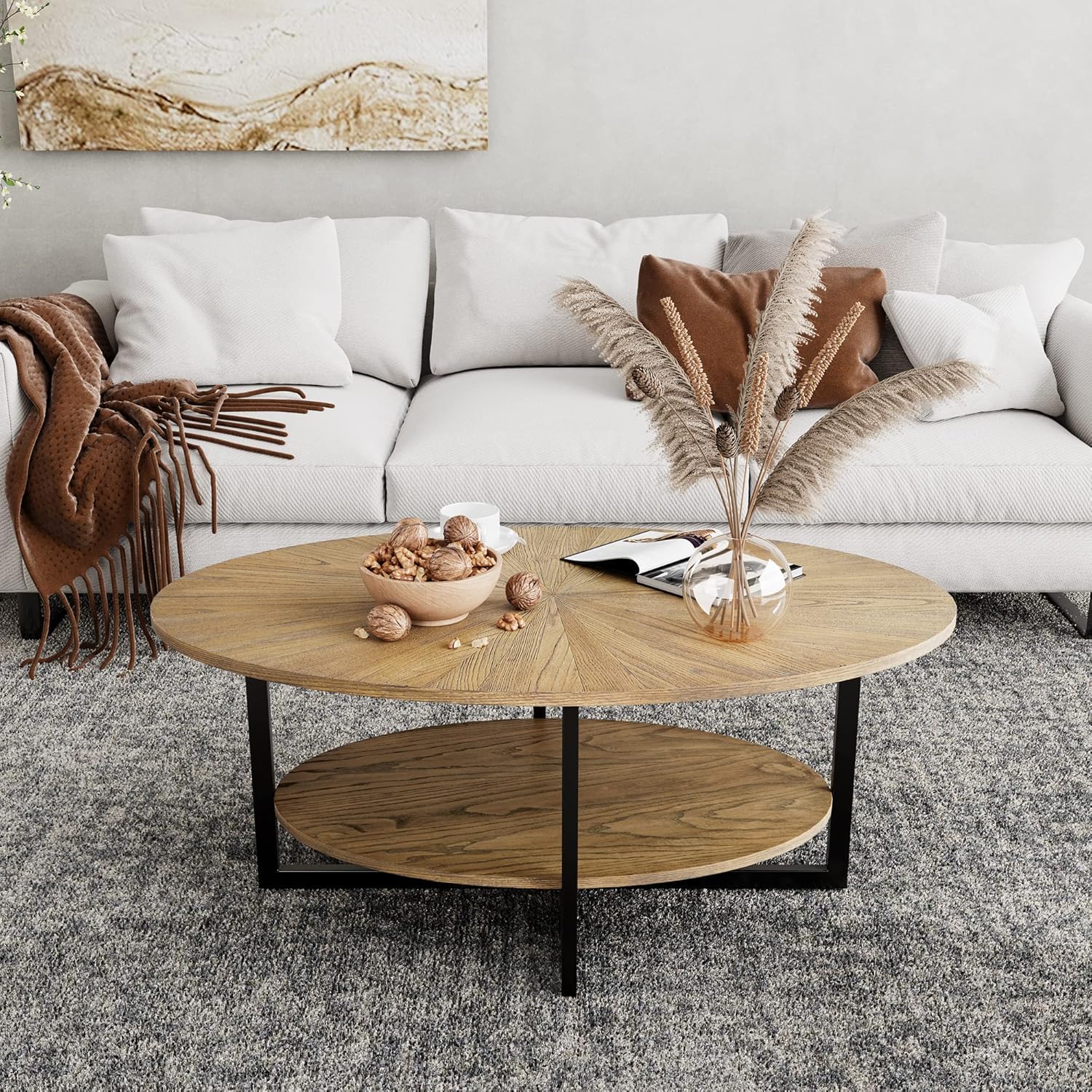 PADMA HOUSE Couchtisch Oval Holz mit Tablett, 110 * 66 Modern wohnzimmertisch mit Kreuz Metall Beine, Kaffeetisch für Wohnzimmer Schlafzimmer