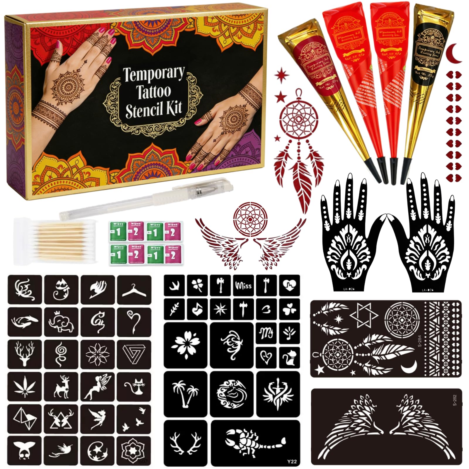 Temporary Tattoo Kit 4Pcs 3Colors Stencil White Tattoo Outline Pen Swabs | Long-lasting Colors(2 Cherry Red 1 Black 1 Maroon),DIY Body Art Skin Painting Designs for Women Men Kids Party Gifts