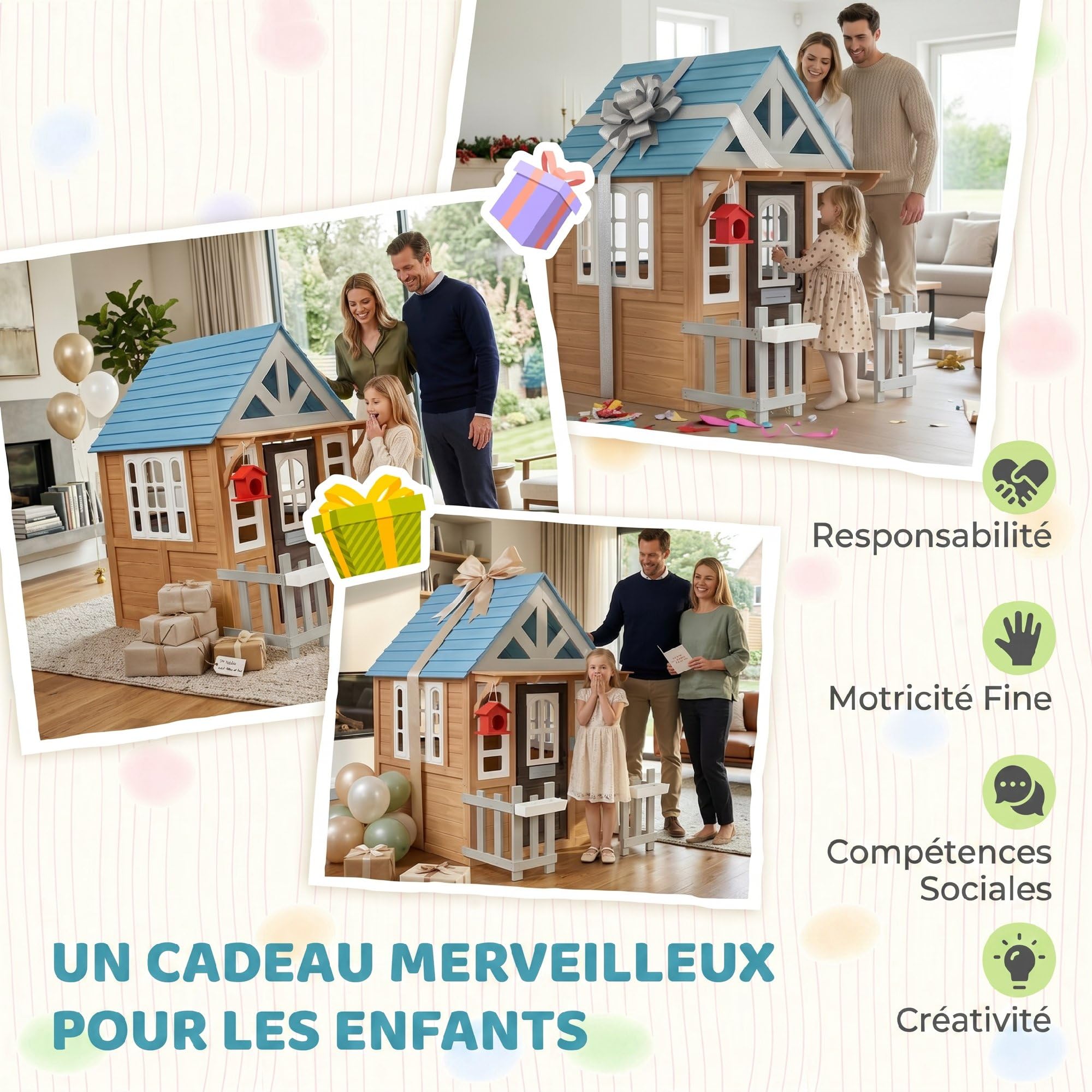 AIYAPLAY Cabane Enfant extérieur en Bois, Maison Enfant extérieure/intérieure avec chatière, Cuisine de Jeu, boîte aux Lettres, Sonnette, nichoir et clôture, pour 2-5 Ans, 165x116,5x163,5cm, Marron
