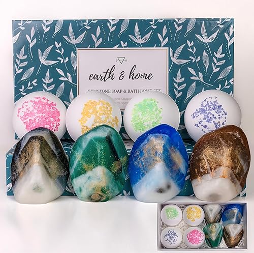 Juego de regalo de jabón de roca y bomba de baño, paquete de spa de lujo para mujeres con 4 jabones decorativos de piedras preciosas con cristal