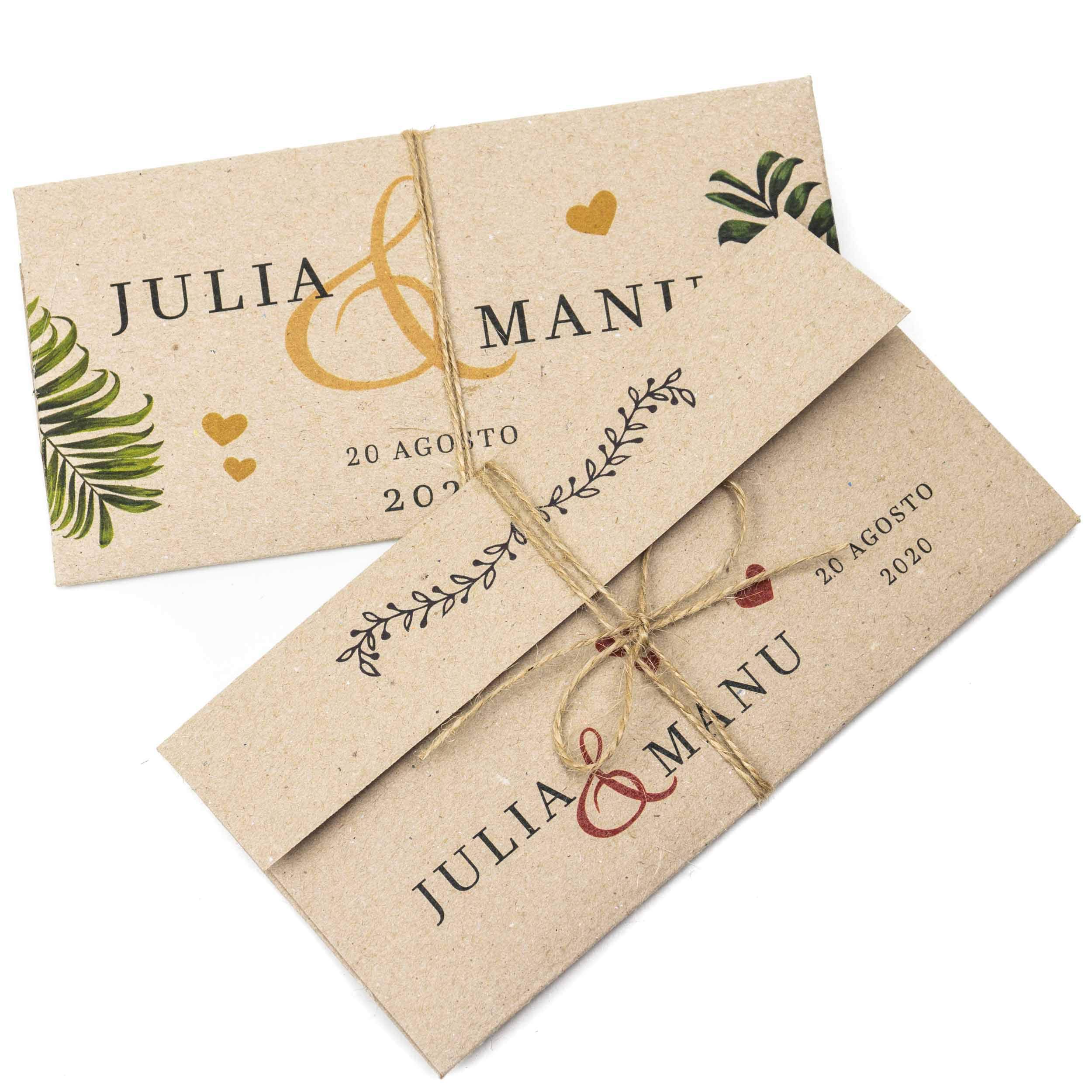50 Sobres Invitación Boda Personalizados Originales + 50 hilos yute, impresos a medida con nombres, Papel reciclado kraft - 11x17,5 cm, para tarjetas, felicitaciones e invitación