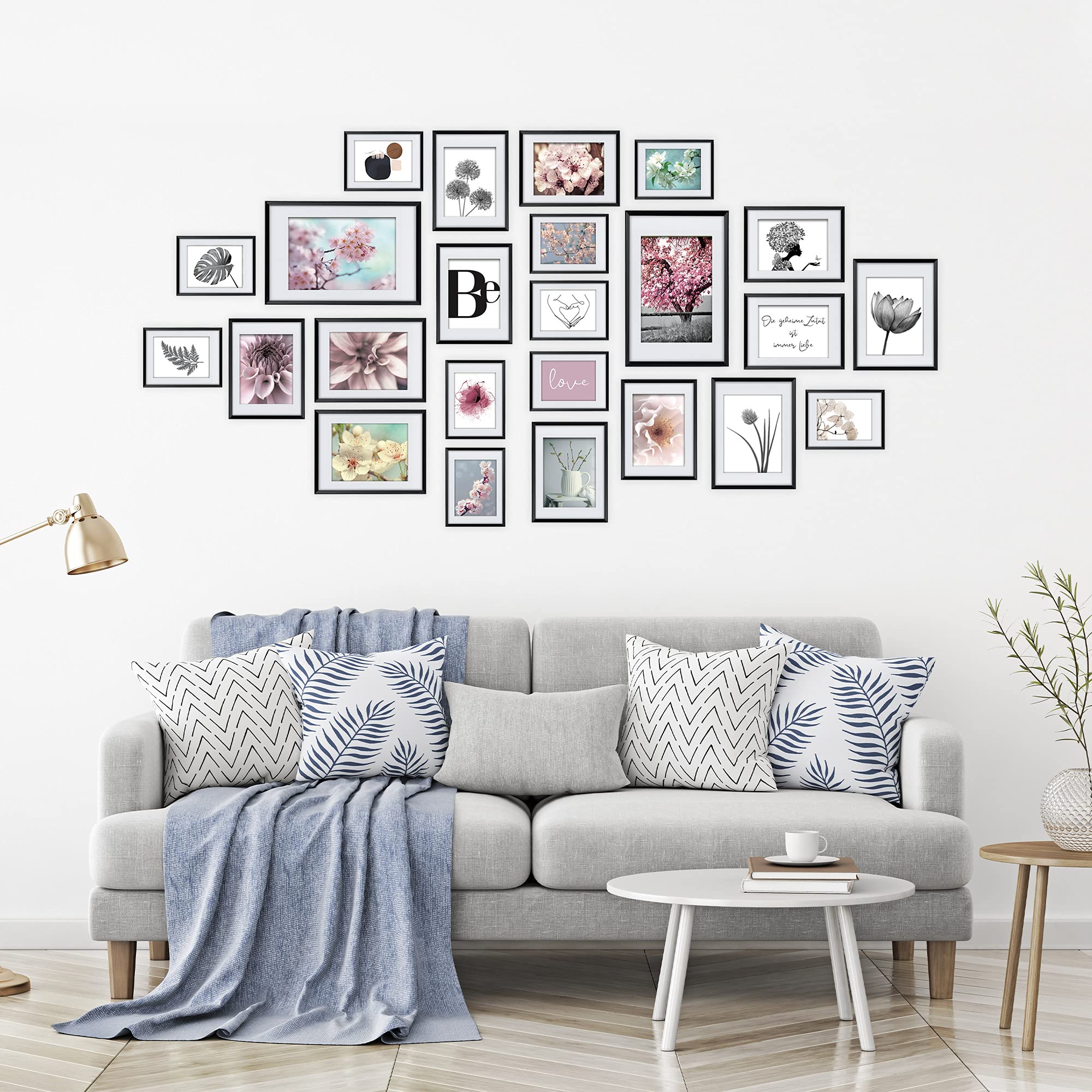 bomoe Bilderrahmen 24-teilig für Fotocollagen mit Passepartout | 10x10x15cm 8x13x18cm 4x15x20 2x20x30 Schwarz Kunststoff & Kunststoffglas Bilder Rahmen Fotocollage Wand Blossom
