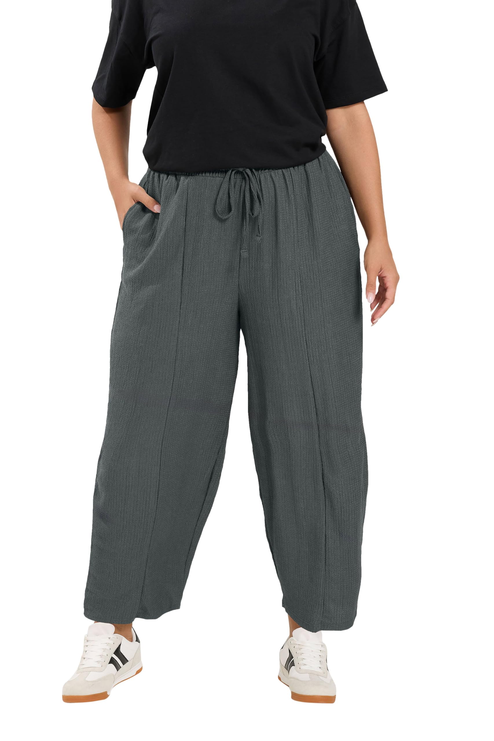 Yours Women's Grey Crinkle Barrel Trousers In | Size: 22-24