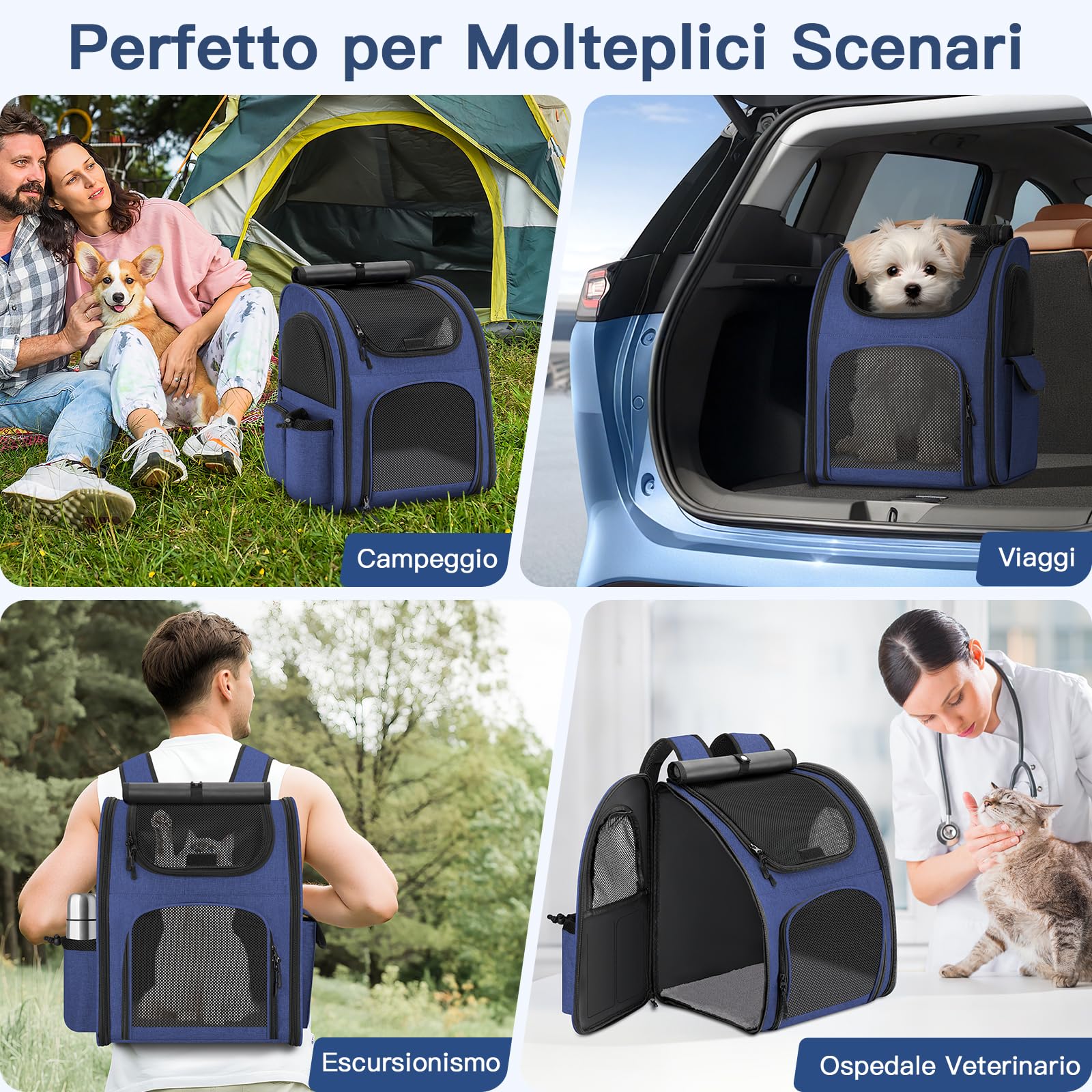 Zaino per Cani Gatti, Grande Zaino Gatto Cane 10 kg, Traspirante Zaino Porta Cane Gatto con Finestra a Rete, Zaino Trasportino Cani Gatto con Guinzaglio Interno e Tappetino per Viaggi - Blu