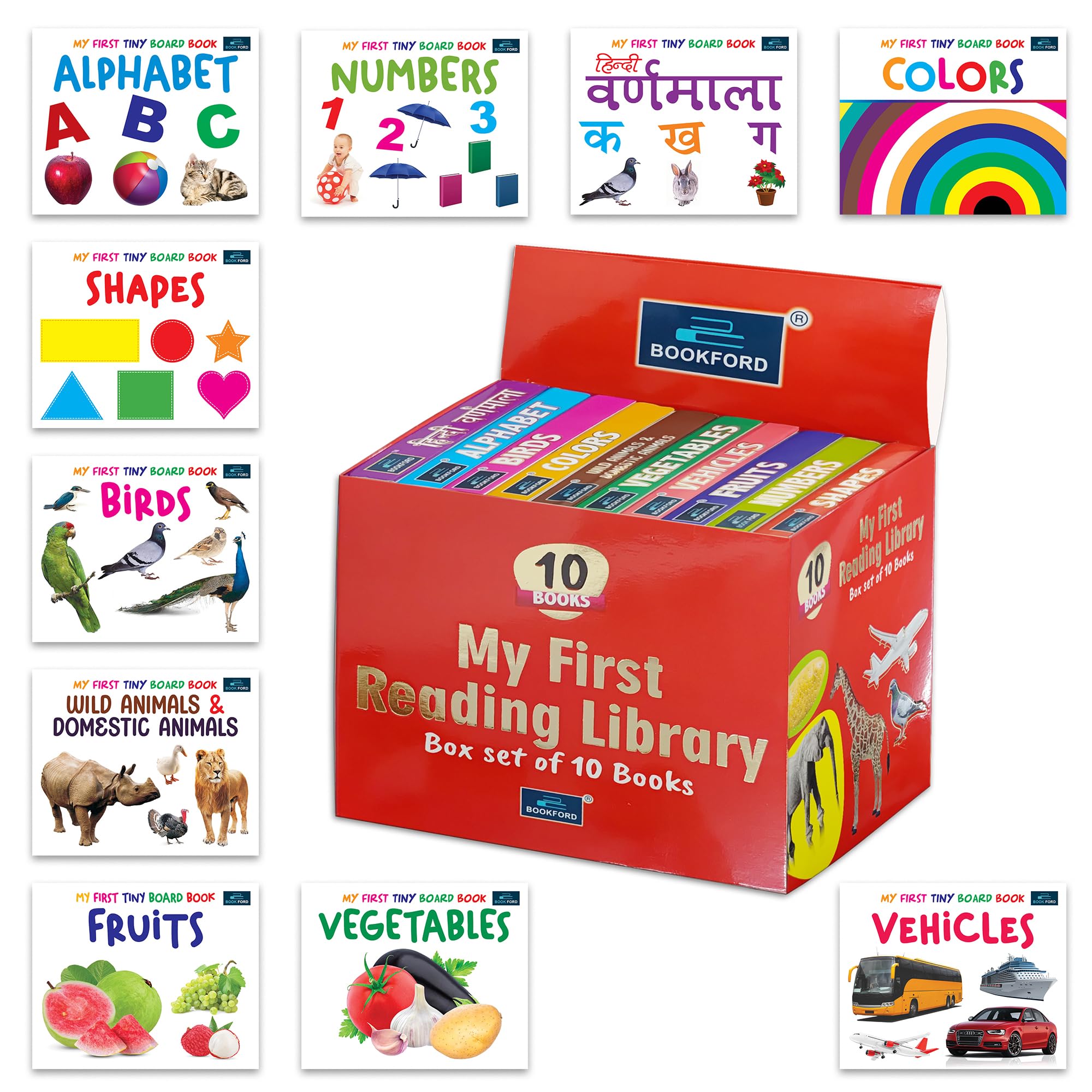 My First Tiny Board Book (Set of 10) for Kids, childrens – Alphabet, Birds, Colors, Shapes, Hindi Varnamala, Fruits, Vegetables, Numbers, Wild - Domestic Animals – Early Learning Ages 2+ Years