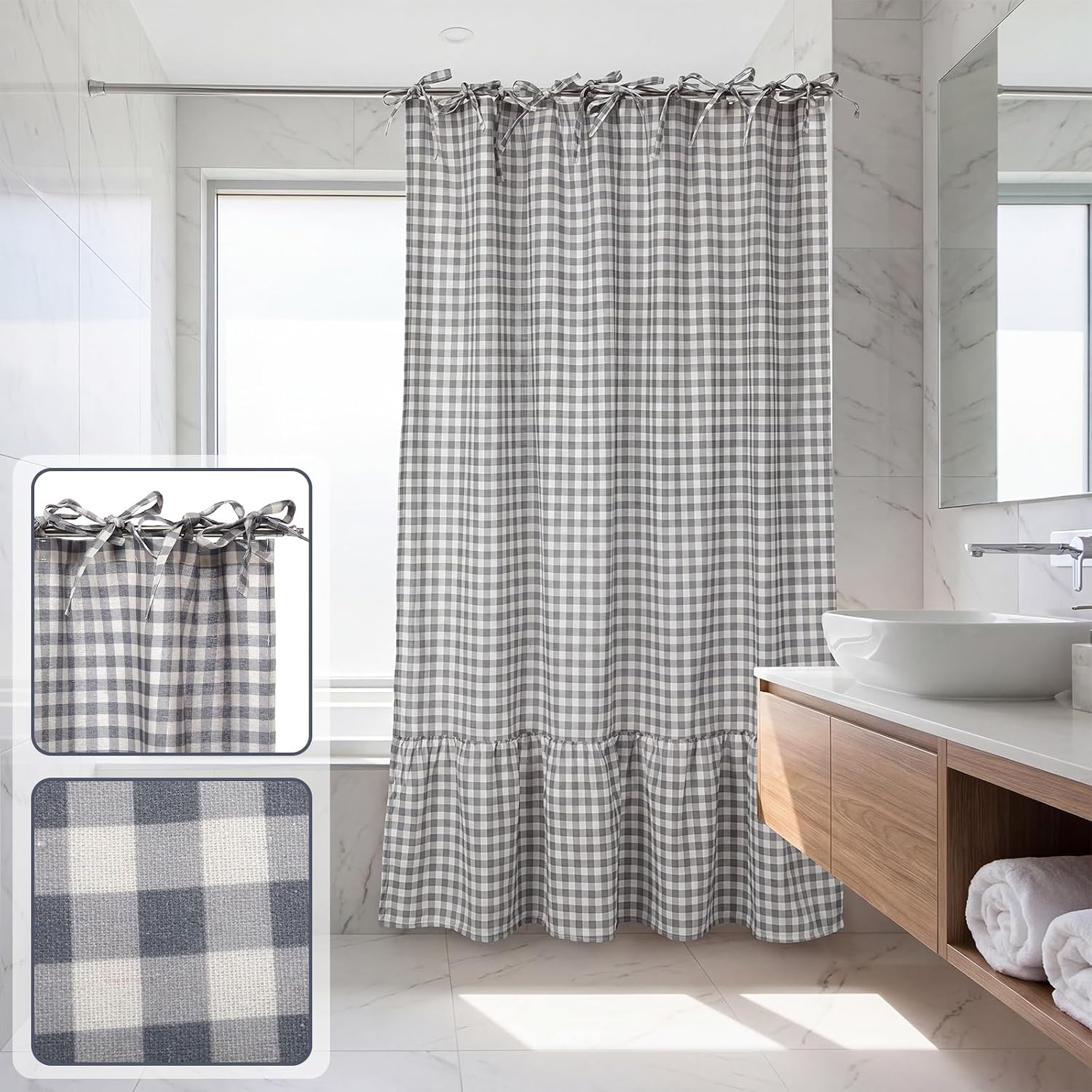 Farmhouse Gray Gingham Shower Curtain with Ruffle Hem, Linen Blend Fabric Tie Top Hanging Bathroom Curtain Gray Plaid Country Vintage Rustic for Bathroom Home Decor, 72" W x 72" L