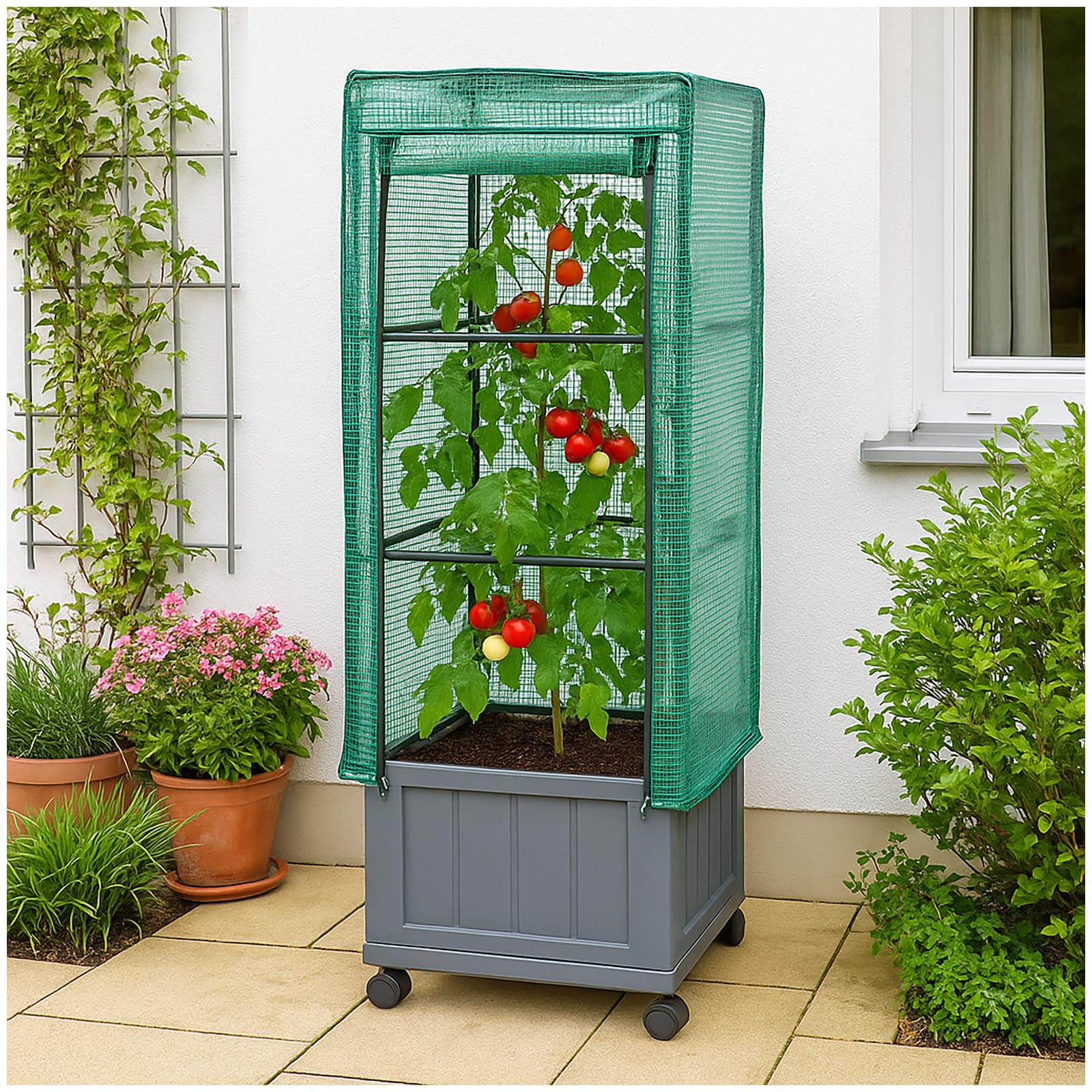 HTI living Pflanzkübel mit Rankgitter und Folienabdeckung Nessa 30x30 cm Gewächshaus Frühbeet mit Rollen für Balkon
