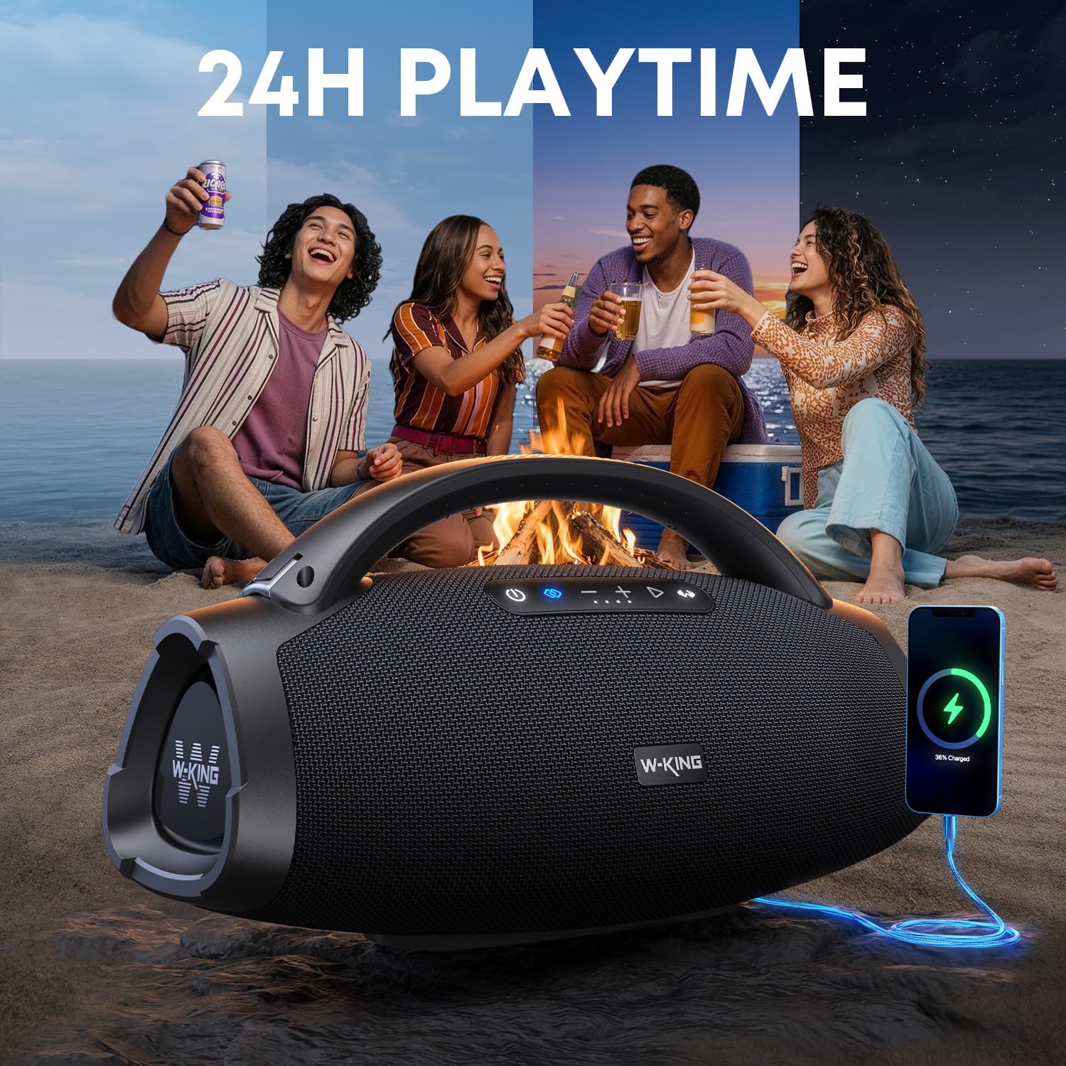 W-KING 330W Peak Bluetooth Lautsprecher Box Groß 200W RMS Tragbarer Lautsprecher Party mit 7.5" Subwoofer/40Hz Monströse Bässe/EQ APP/5-Treiber/2.1-CH/3-Wege/BT 5.4/IPX7/OTG/AUX, Musikbox für Outdoor