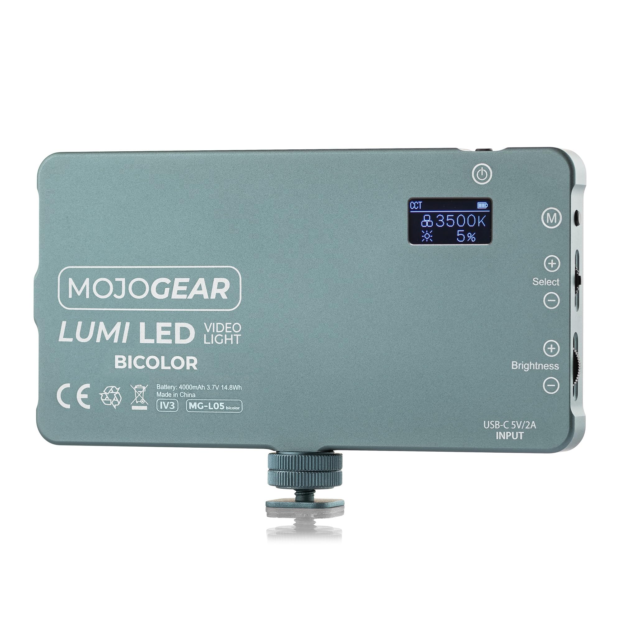 Lampada LED MOJOGEAR Lumi bicolore media - 12 Watt - Metallo robusto - Batteria da 4.000 mAh - Luce bianca/gialla - Lampada potente per fotocamera/studio/video - Grigio