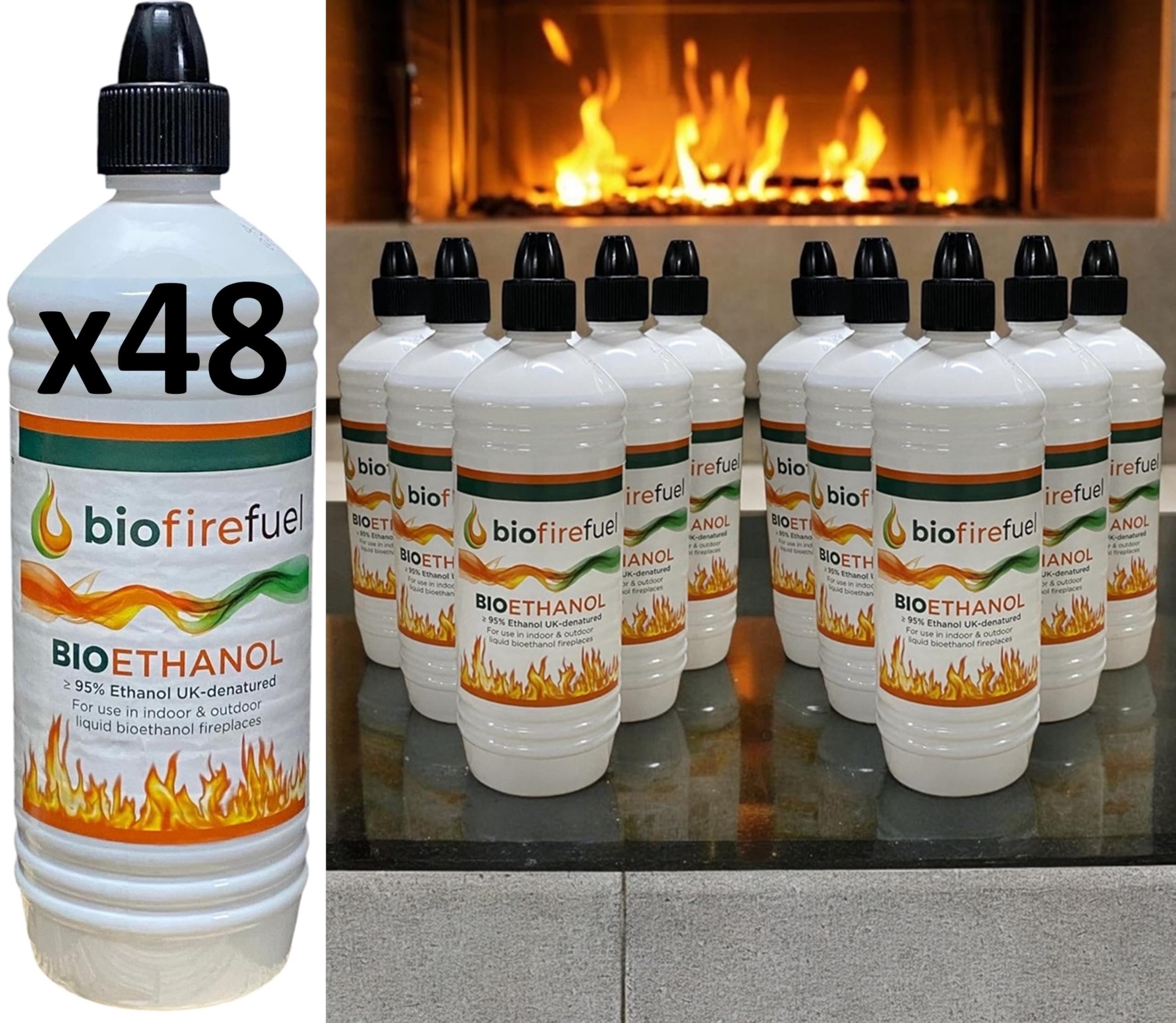 Premium Bioethanol Fuel (48 Litres) for Fireplaces, Fire Pits, Burners - High Purity Clean Burning Liquid Fuel for Indoor & Outdoor use | biofirefuel