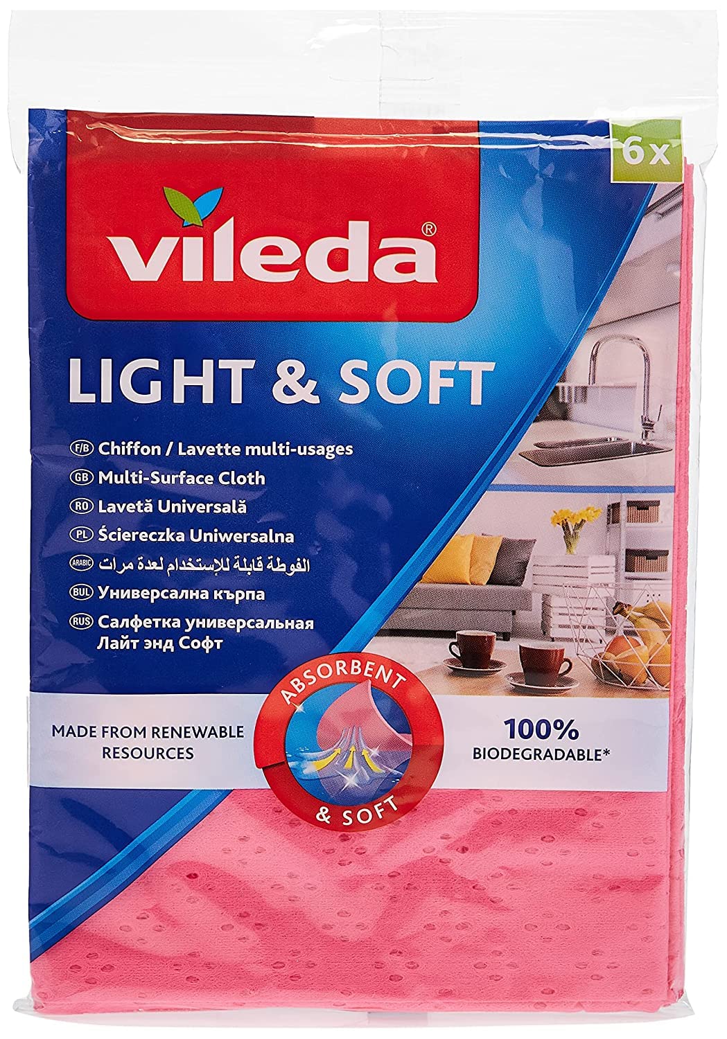 Vileda Light & Soft Cloth 6 Pcs, Super Absorbent, Streak-Free Cleaning, Polishing, Biodegradable- Pink 6pcs Per Pack