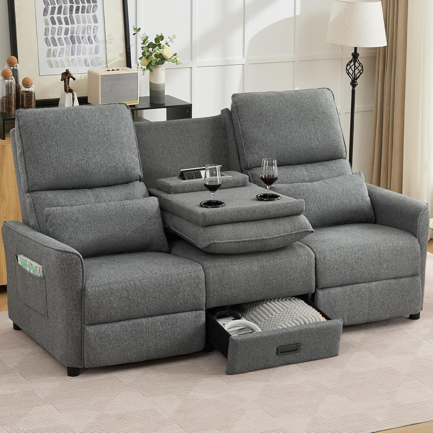 DRMBOOK 74'' RV 3 Seater Recliner Sofa, Linen Fabric Three Camper Couch 3 Seater Recliner, Home Movie Theater Seating Chair, 3 Person Push Back Recliners for Living Room, Grey