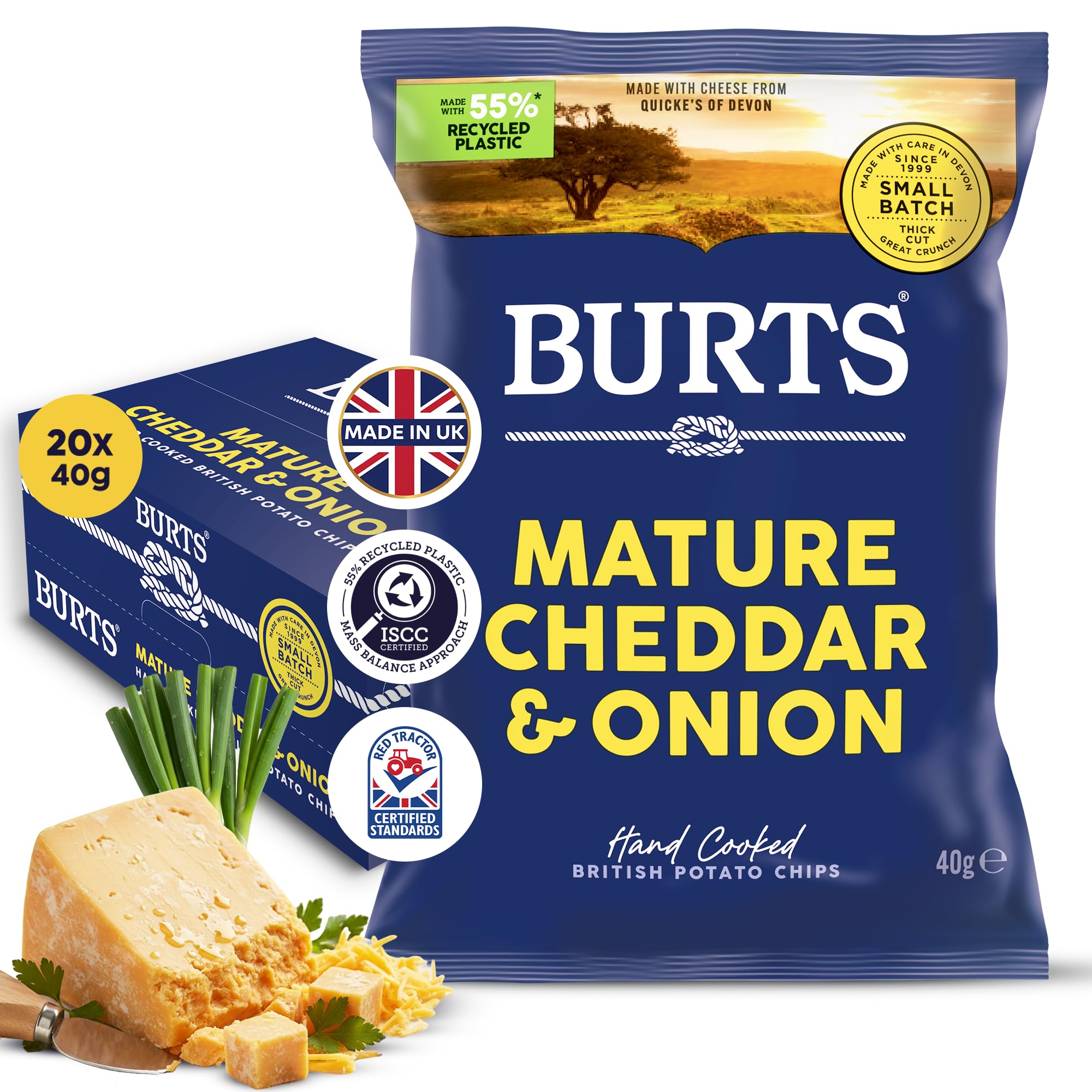 Burts Mature Cheddar and Onion Hand Cooked Chips - 20 x 40 g Multipack Crisps Box - Vegetarian Friendly, Gluten Free, Hydrogenated Fat Free, Cheese and Onion Crisps