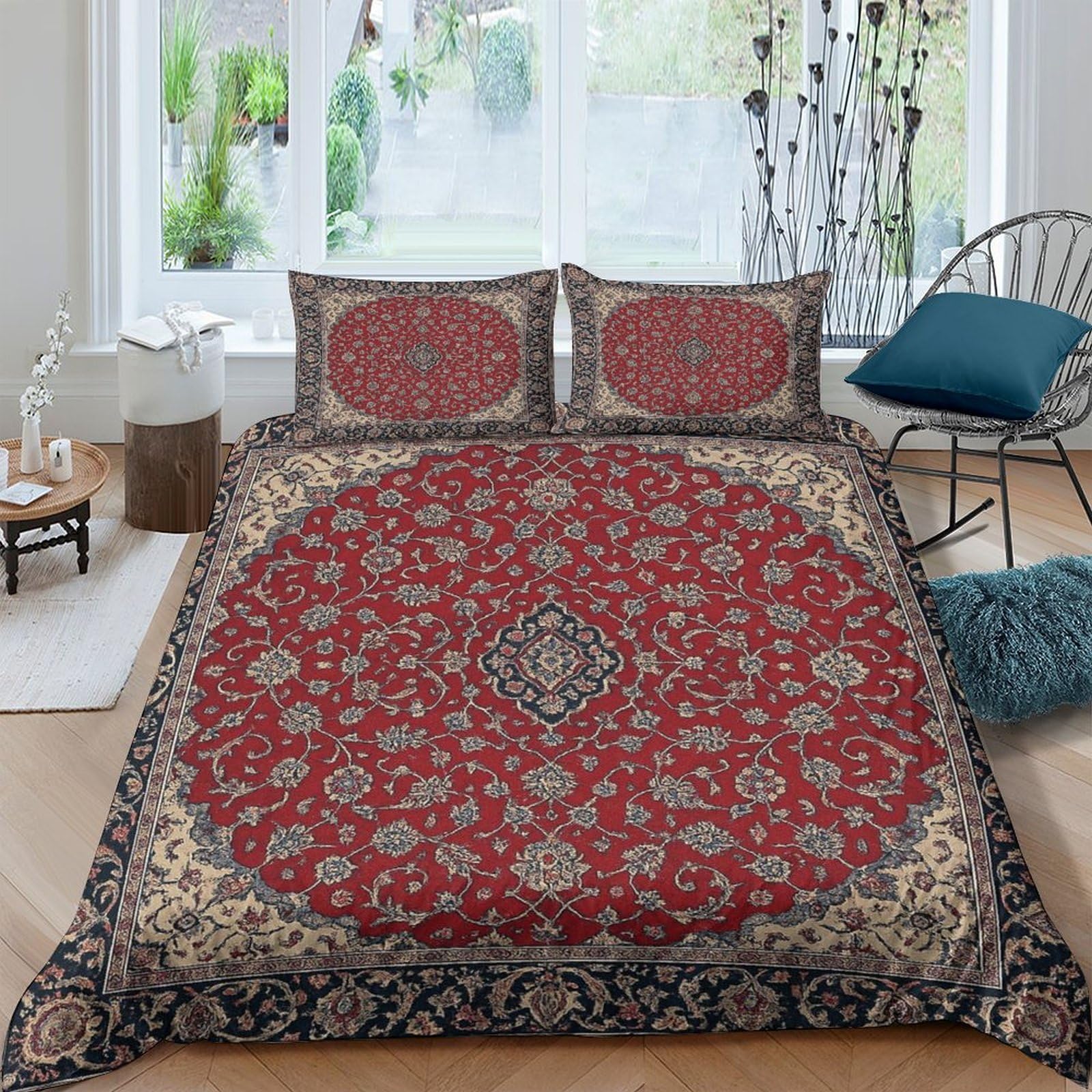 Ctjqhvkz Style-9 3D Printed Persian Mandala Fitted Sheet Microfiber Red Boho Vintage Mattress Cover Non Slip Washable Bedroom Decor Single（135X200cm）