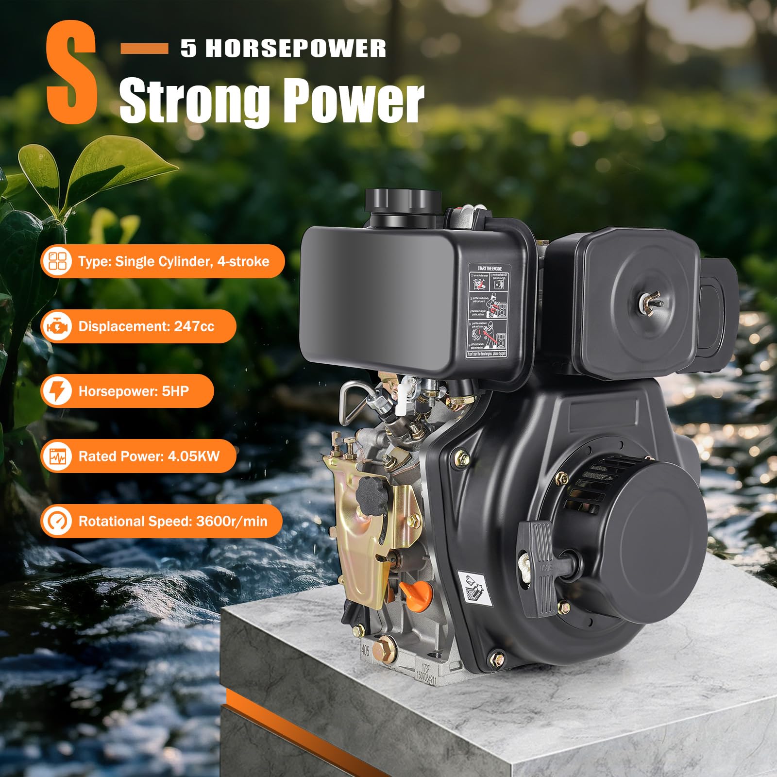 4-Takt 5 PS Dieselmotor, Eilzugstarter-Dieselmotor, 4,05 kW, Luftgekühlt Seilzugstart, 20 mm Ø Welle, 247 ccm Hubraum, Einzylinder, Leichtstartmotor, Standmotor (Schwarz)