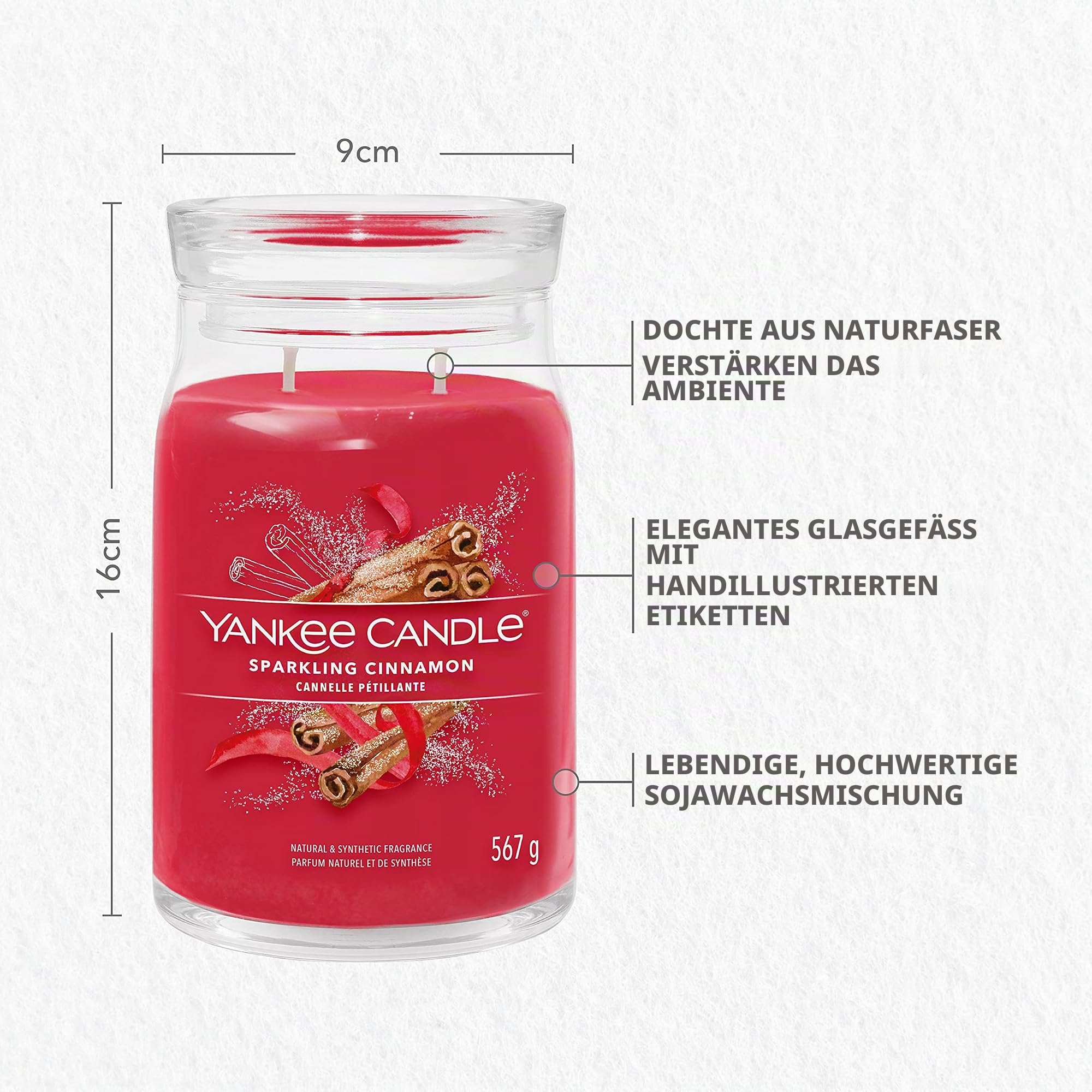 Yankee Candle Signature Duftkerze ; große Kerze mit langer Brenndauer „Sparkling Cinnamon“ ; Soja-Wachs-Mix