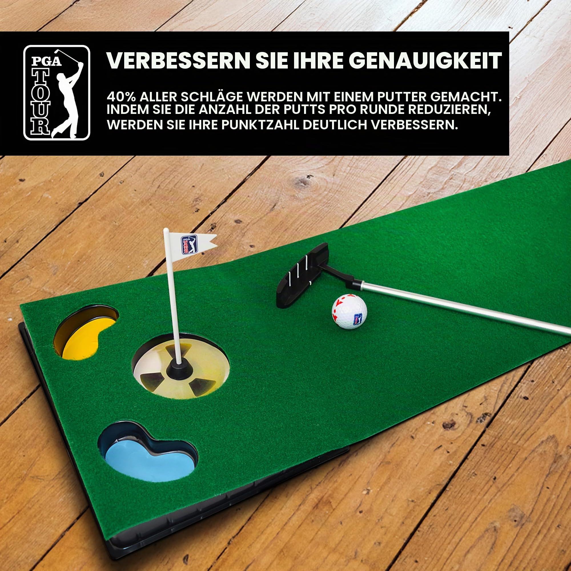 PGA Tour Putting-Matte mit zusammenklappbarem Putter und Ausrichtungsführung, 1,8 m
