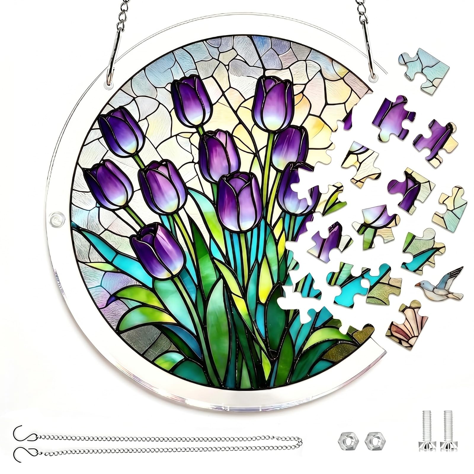 Acrylic Puzzles Suncatcher Window Hanging, 7.4 Inch DIY Suncatcher Kit for Garden & Home, Stained Glass Effect Sun Catcher Puzzle for Women Men Birthday, Decor with Chain(1)