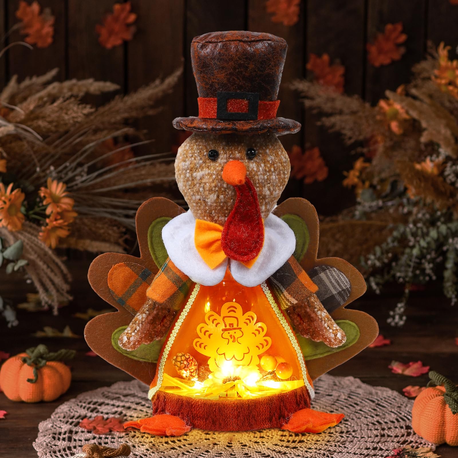 Aoutrow Lighted Thanksgiving Turkey,10 Inches Plush Light Up Turkey Toy Holiday Present, Battery Operated Xmas Gifts Winter Mantle Tabletop Decor - Image 7