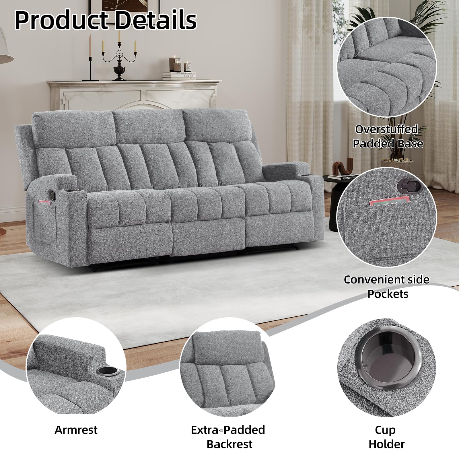 CANMOV Manual Recliner Sofa Set, Fabric Recliner Living Room Furniture Sets, 1 Seat Reclining Chair and a 3 Seate Sofa Furniture Set with Side Pockets and Cup Holders, Light Grey view 3