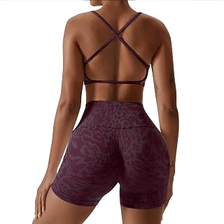 Women 2 Piece Workout Sets with Pockets Seamless Strappy Sports Bra High Waist Booty Shorts Outfits