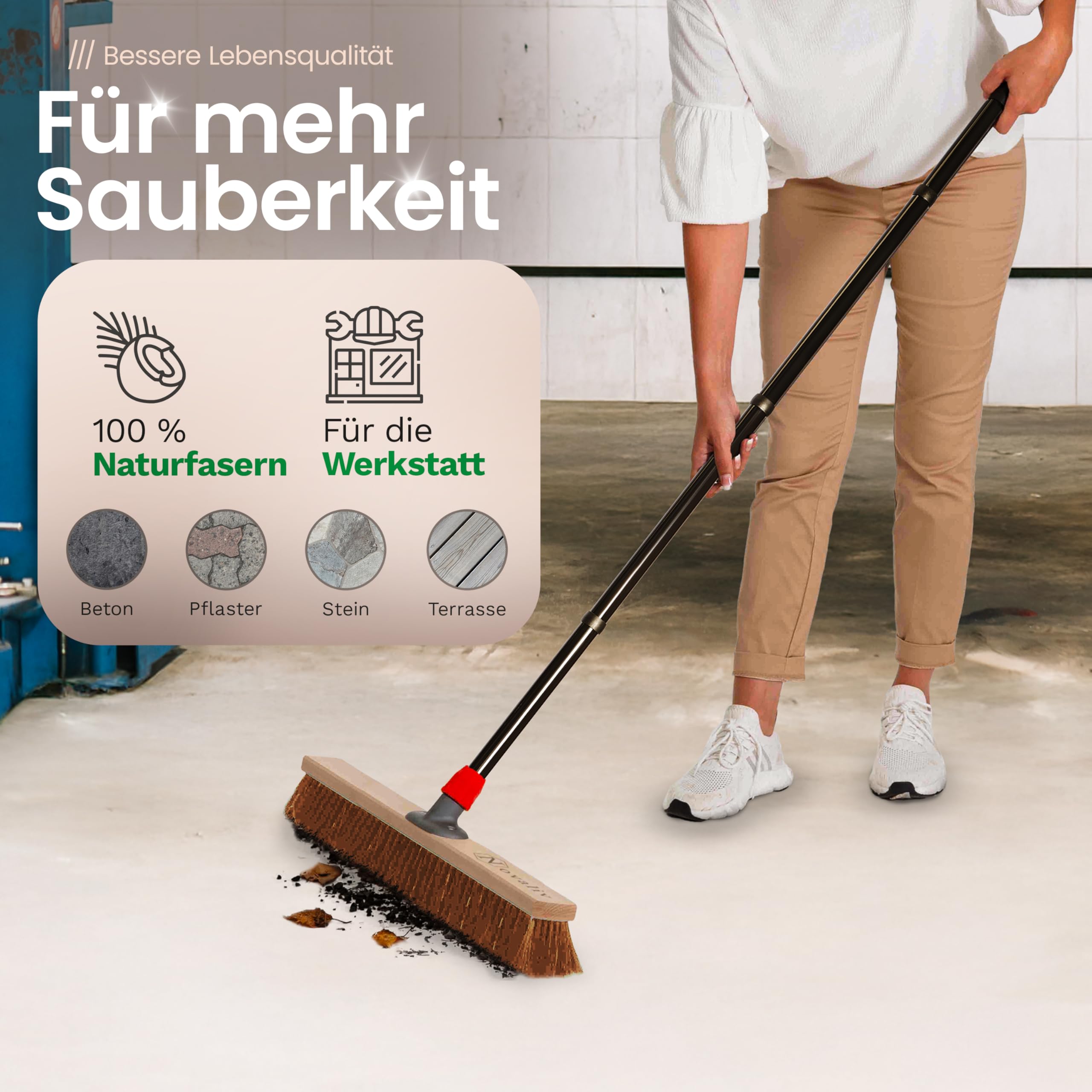 Novaliv Kokosbesen 50 cm mit Stiel Kokosborsten Besen Naturborsten mit stiel Ideal als Werkstattbesen Hallenbesen Industriebesen Hausbesen Kehrbesen Malerbesen Haarbesen Terassenbesen Besen weich