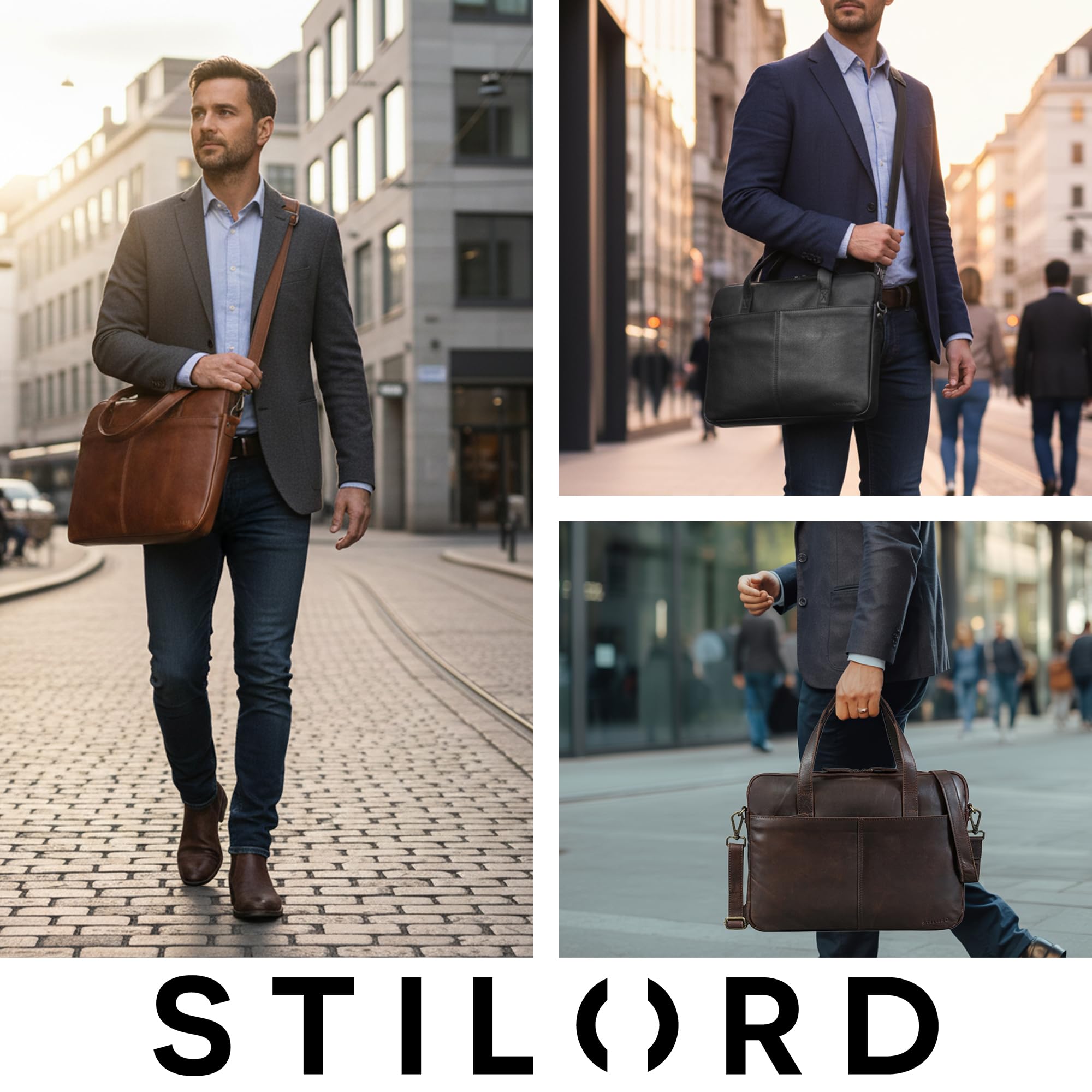 STILORD "Leonel Schmale Laptoptasche 15.6 Zoll Leder Braun Aktentasche Herren Notebooktasche Echtleder Laptop Sleeve Dünne Business Umhängetasche mit Schultergurt & Griff