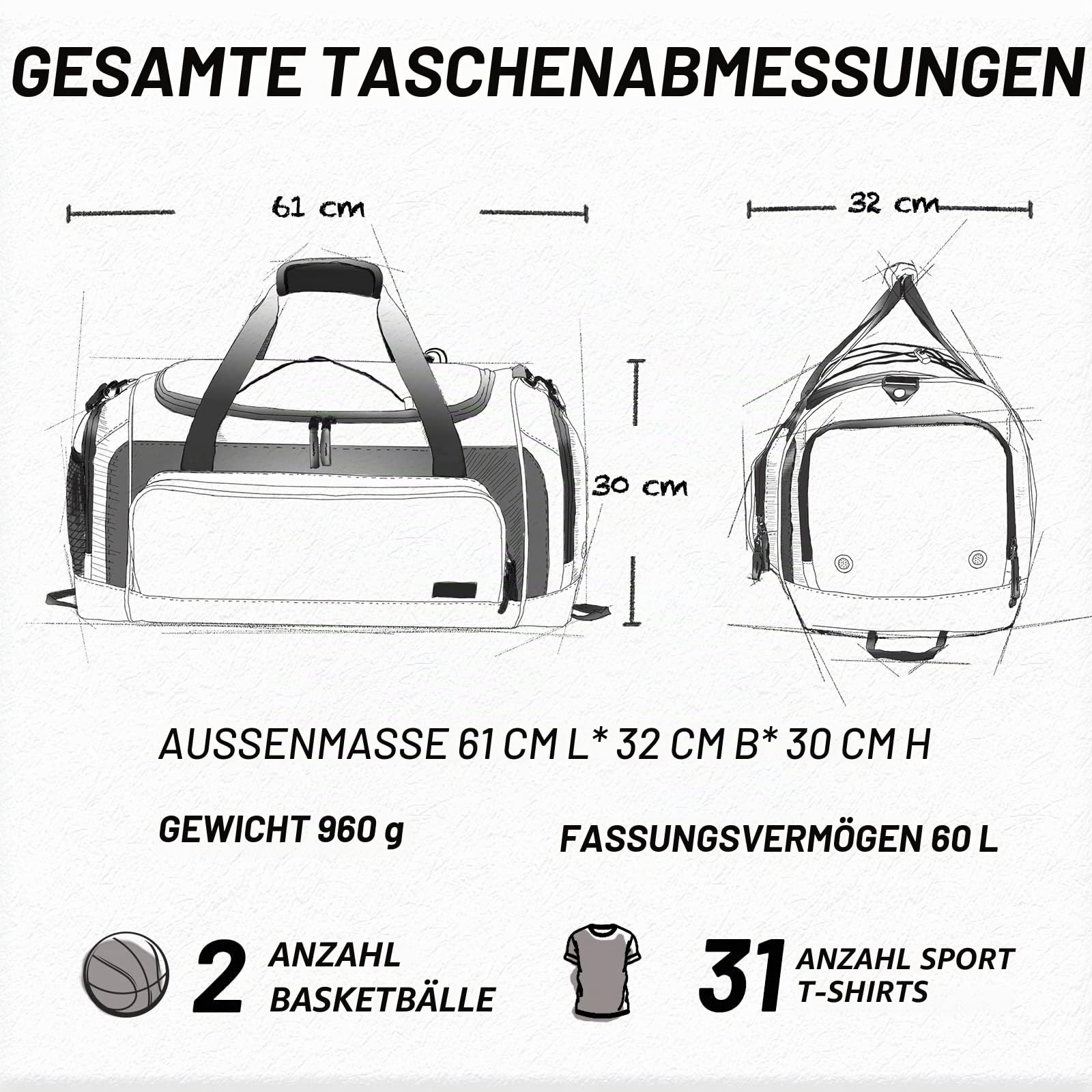 MIER Sporttasche 60L mit Schuhfach, Reisetasche für Gym und Reise, Schwarz