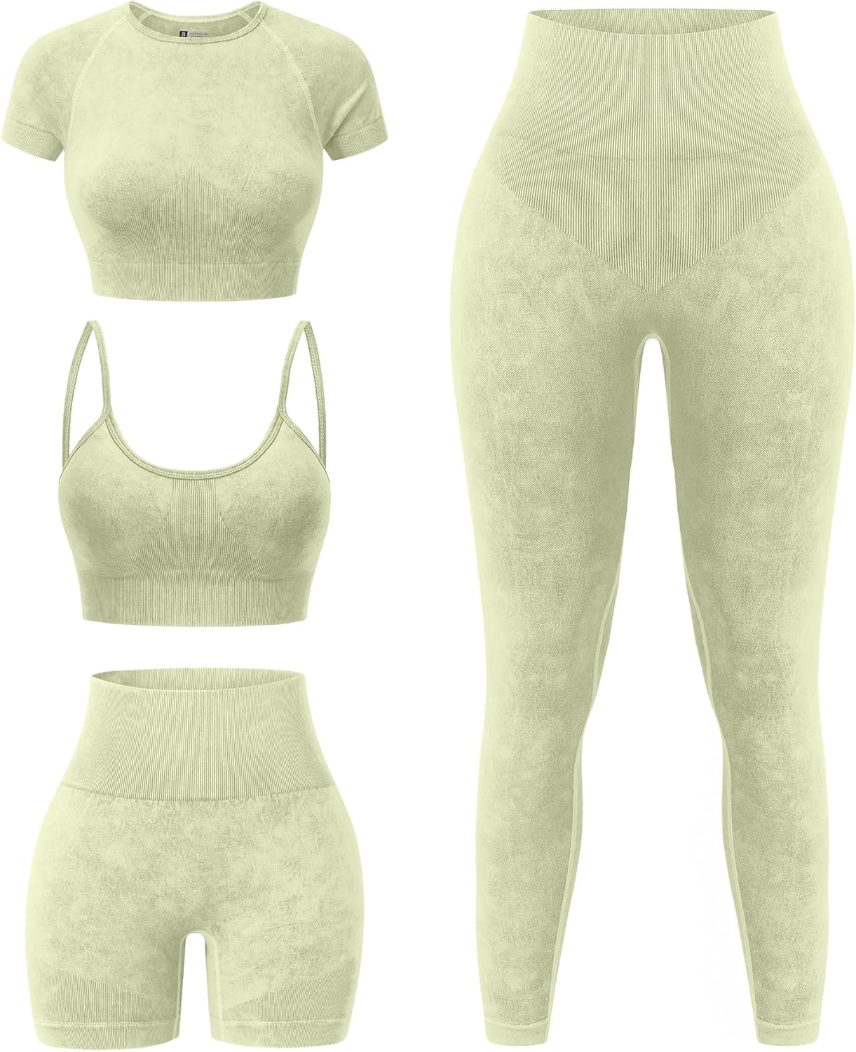YOAKUKA Women's 4 Piece Workout Sets Seamless Acid Wash Tops Sports Bra High Waist Shorts Leggings Active Set