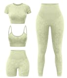 Women&apos;s 4 Piece Workout Sets Seamless Acid Wash Tops Sports Bra High Waist Shorts Leggings Active Set