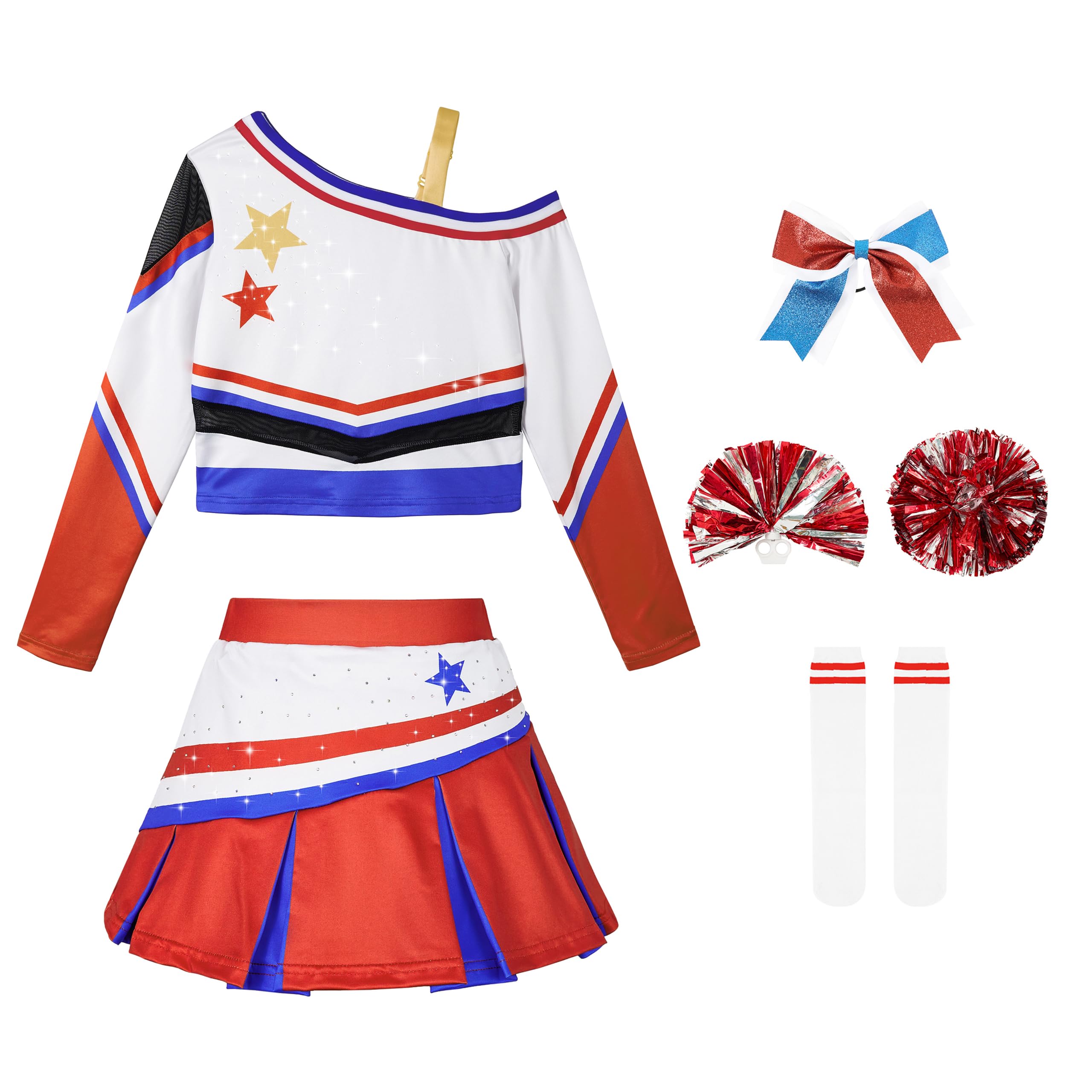 LOLANTA Girls Sparkly Cheerleader Costume with Pom Poms, Hair Bow & Socks, Fancy Dress Outfit, red, 7-8 Years, 130