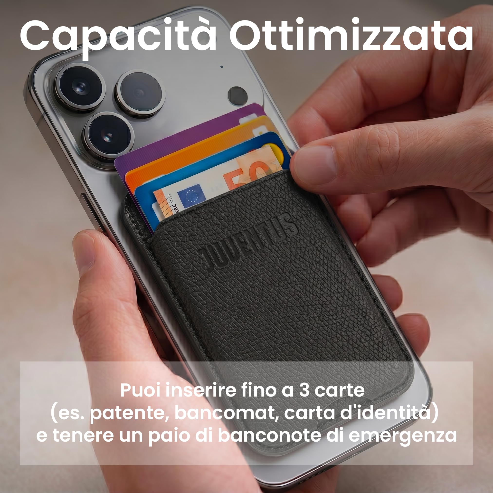 TECHMADE Juventus Portacarte Compatibile MagSafe per iPhone, Anello Adattatore Incluso - Spazio per 3 Carte o Contanti, Sistema di Estrazione Rapida - Blocco RFID, in Eco-Pelle Vegana (NERO)