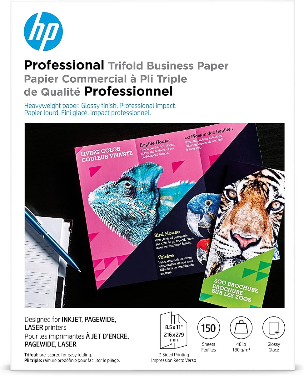 Papel empresarial HP Professional Tri-fold, brillante, 8,5 x 11 pulgadas, 48 ​​lb, 150 hojas, funciona con impresoras láser de inyección de tinta, PageWide (4WN12A)