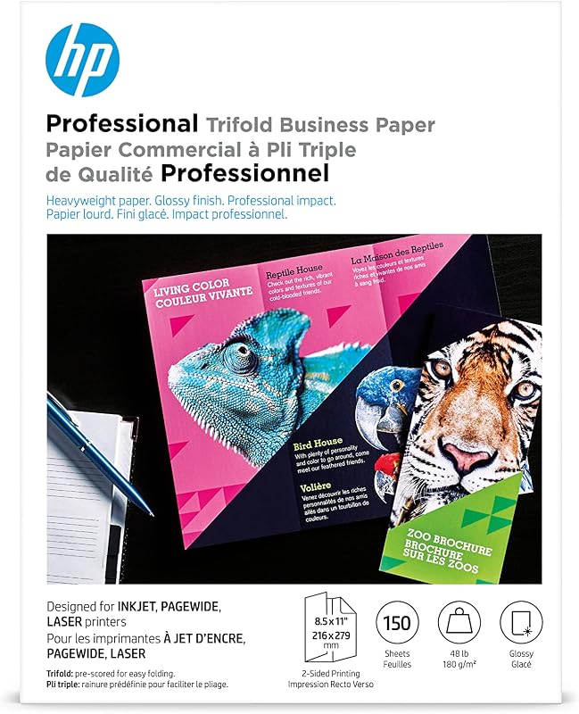 Papel empresarial HP Professional Tri-fold, brillante, 8,5 x 11 pulgadas, 48 ​​lb, 150 hojas, funciona con impresoras láser de inyección de tinta, PageWide (4WN12A)