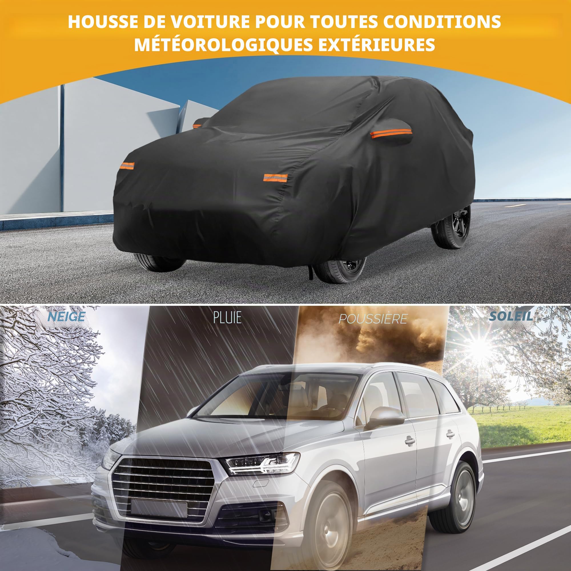 Housse De Voiture Étanche Toutes Saisons pour Toyota C-HR 1pc | Film En Aluminium Et Coton Spunlace, Noir, 452x145x135cm, Protection Soleil Pluie, Bandes Réfléchissantes, Fermeture Éclair
