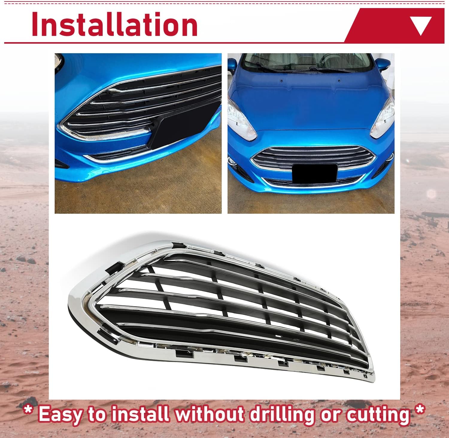 HECASA Chrome Frame Grille Compatible with 2014-2019 Ford Fiesta Front Grill Bumper Guard Cover Molding Replacement for D2BZ17B968AA FO1200552