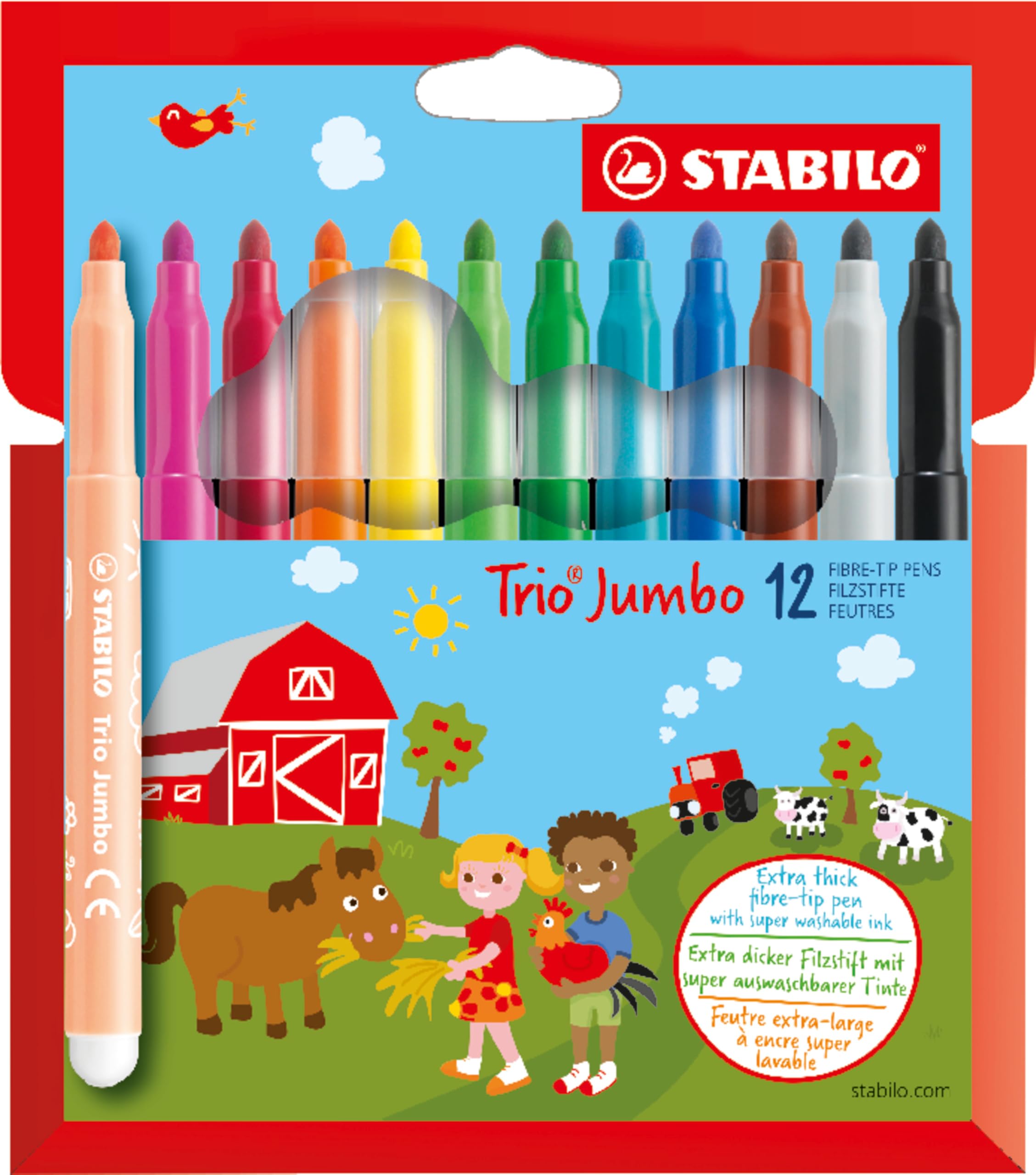 STABILO Trio Jumbo - Extra-Thick Fibre-Tip Pen - Pack of 12 - Assorted Colours