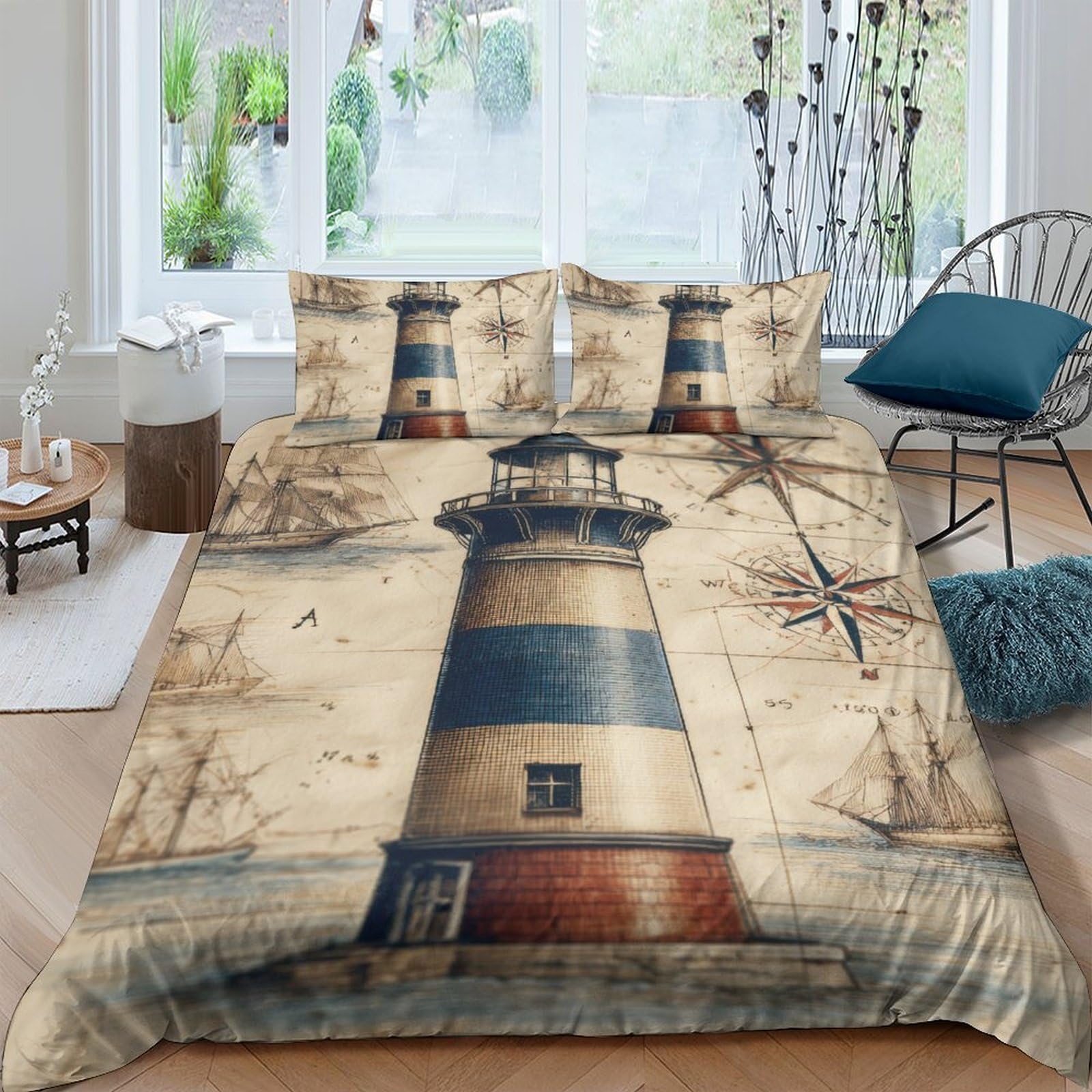 Ctjqhvkz Style-10 3D Printed Nautical Lighthouse Fitted Sheet Microfiber Soft Breathable Vintage Map Bed Cover For Bedroom Decor Single（135X200cm）