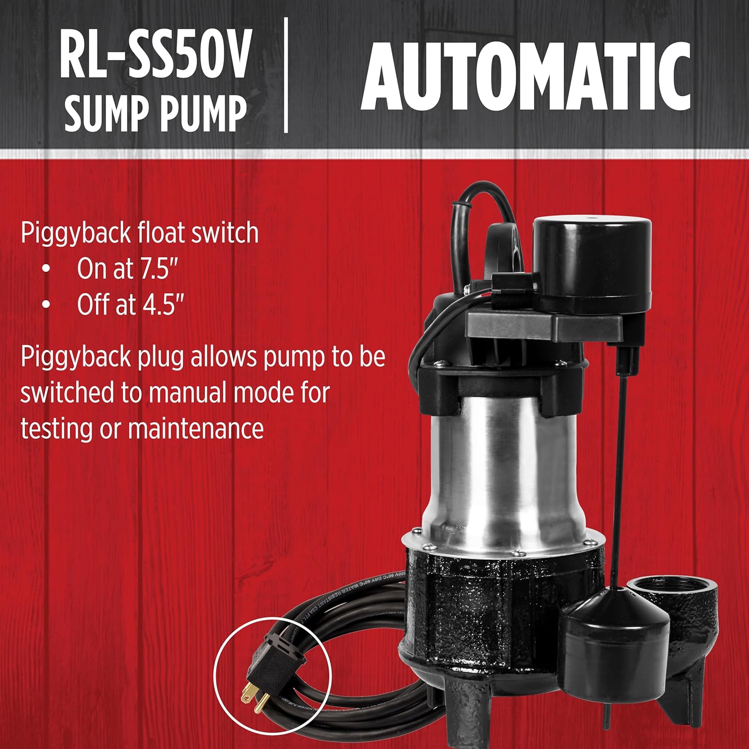 Red Lion RL-SS50V 115 Volt, 1/2 HP, 3450 GPH Premium Submersible Stainless Steel Sump Pump with Vertical Switch and 10-Ft. Cord, Black, 14942780