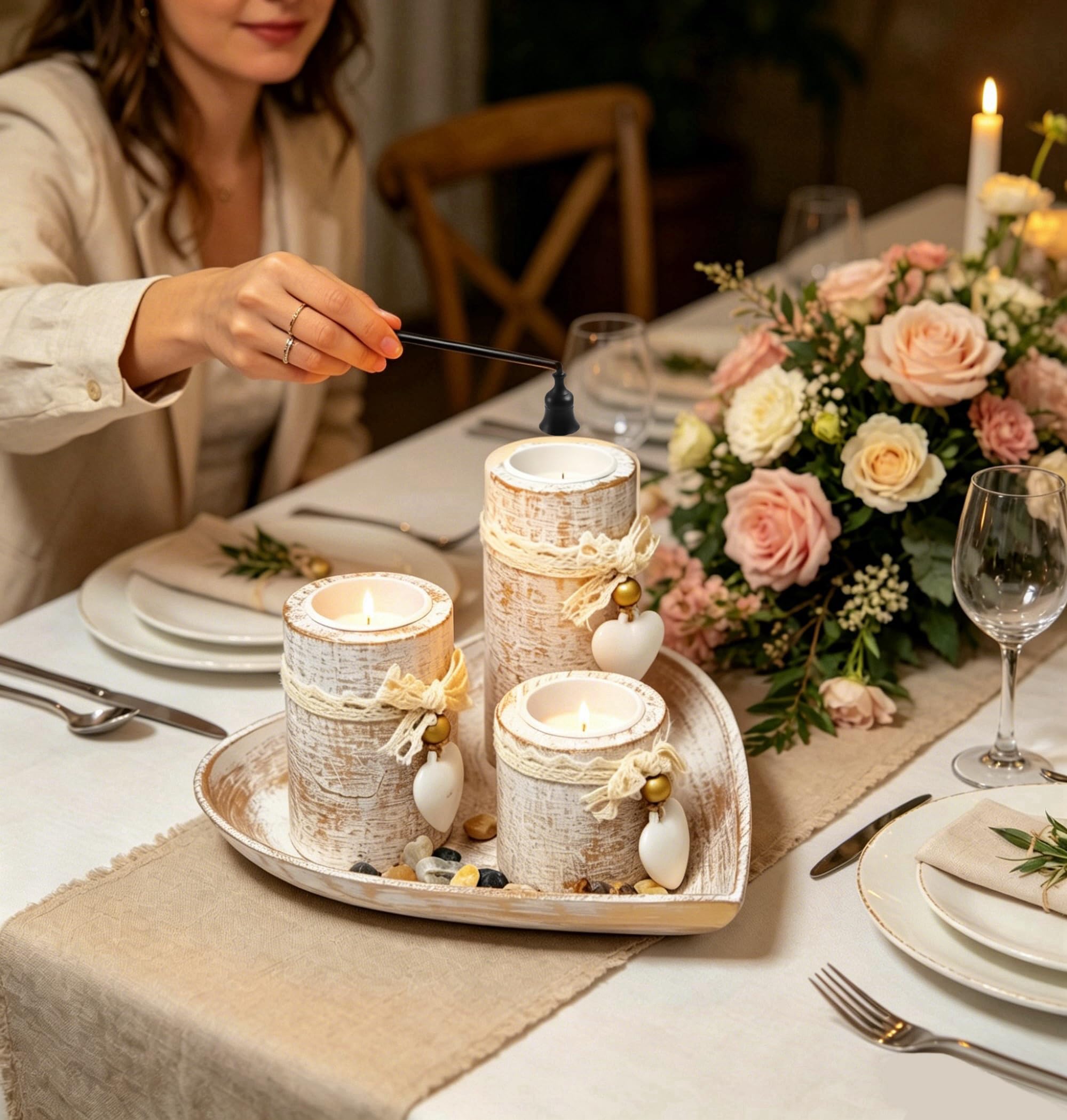 Set di 3 Portacandele in Legno con Vassoio a Cuore e Campana Spegnicandela Candelabri decorativi per Tealights per Compleanni,Matrimoni,Cene Romantiche,Natale e Decorazioni da Tavolo