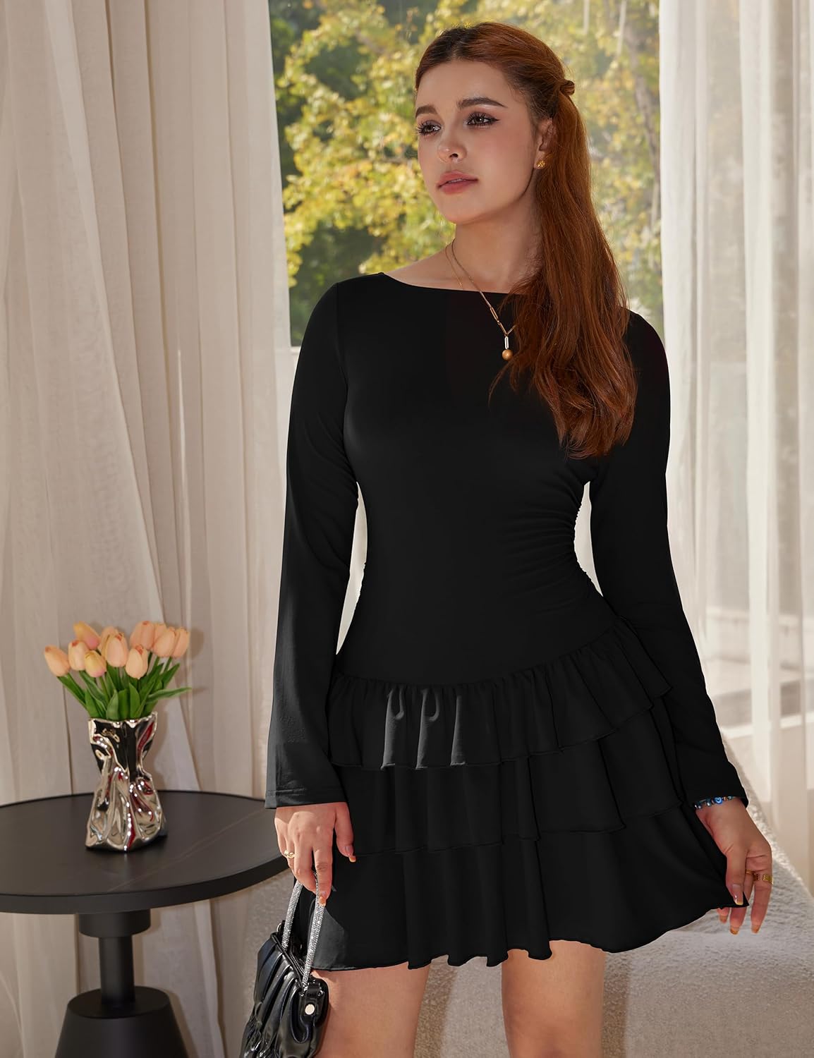 Women's Long Sleeve Boat Neck Tiered Ruffled Bodycon Slim Fit Party Club Mini Dress - Image 4