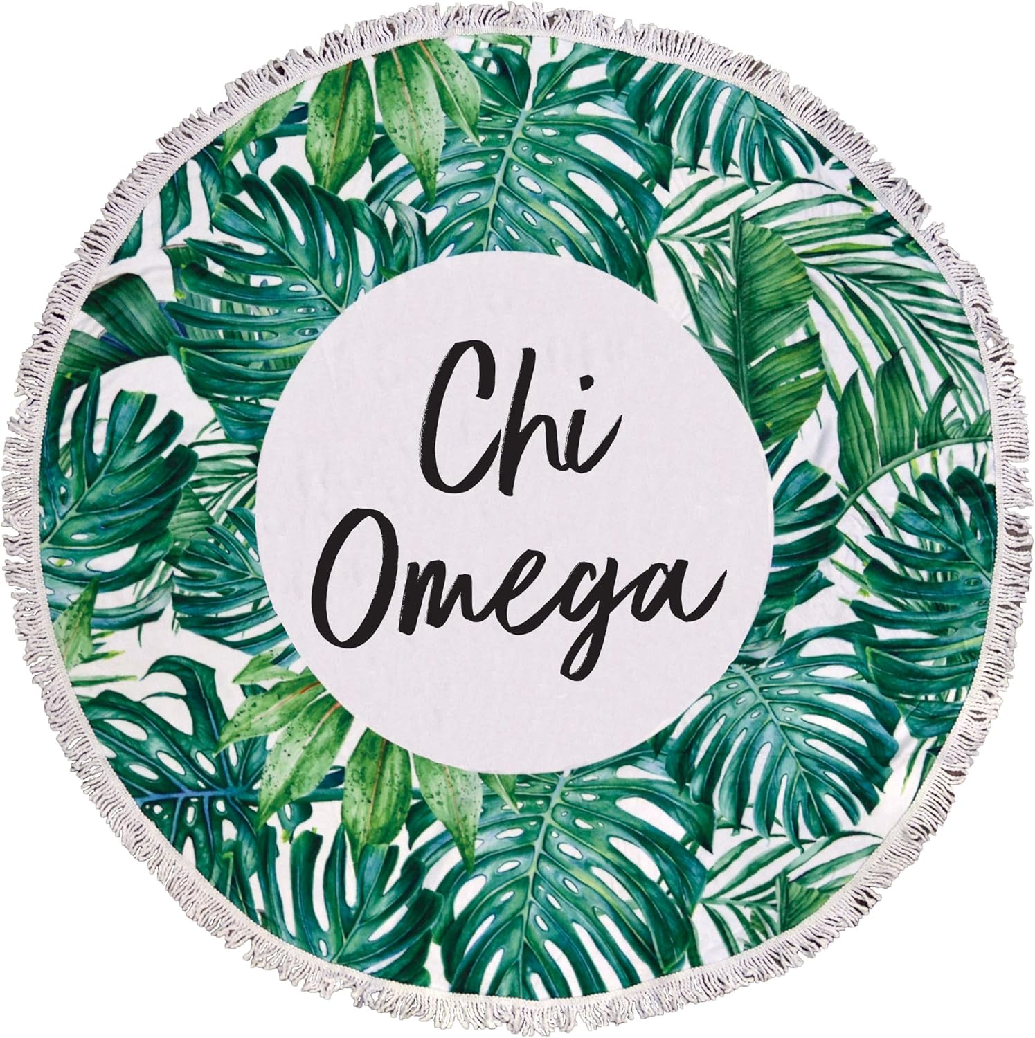 Sorority Shop Chi Omega Palm Design Round Beach Towel with Fringes - 60", Round Beach Blanket, Soft Microfiber, Lightweight and Durable CO Beach Towel Blanket, Water Absorption, Quick Dry