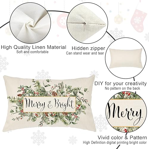 Miniatura 5 de AOKE Funda de almohada de muérdago de eucalipto navideño Merry & Bright de 12 x 20 pulgadas, funda de almohada lumbar decorativa de invierno para