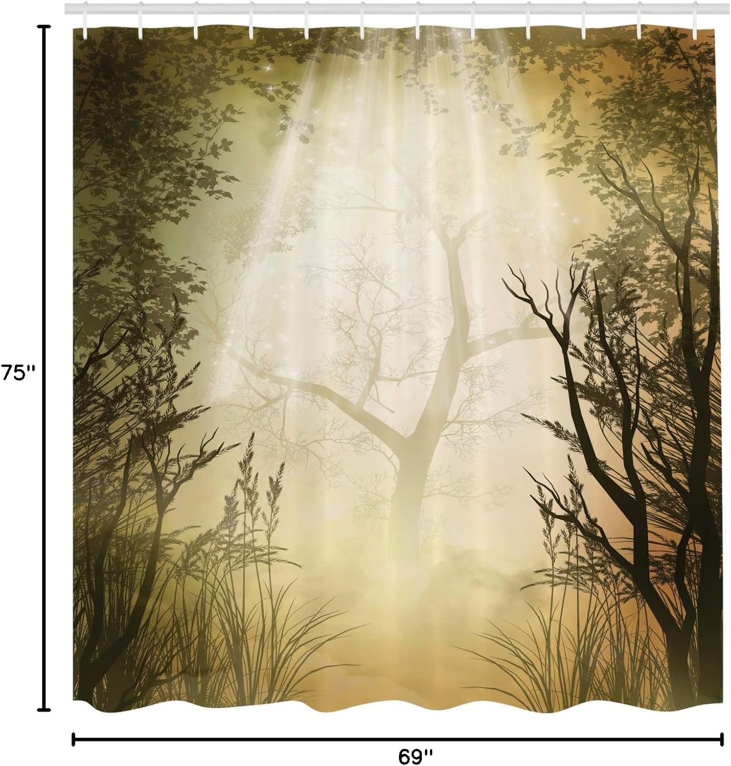 Ambesonne Forest Shower Curtain, Misty Spot Deep Down in The Woodlands Sunbeams Idyllic Land Trees Nature, Cloth Fabric Bathroom Decor Set with Hooks, 69" W x 75" L, Pale Yellow and Black