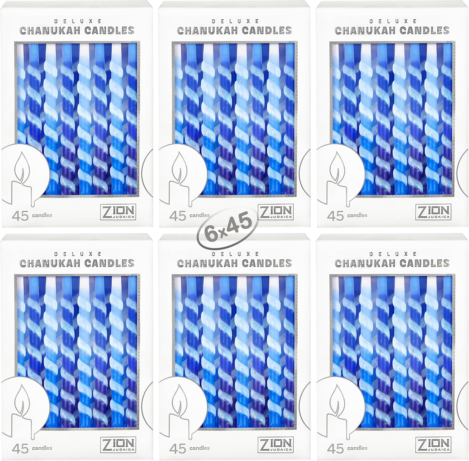 Dripless Hanukkah Candles Set - 45 Multi Tone Blue and White Ombre Spiral Candle Includes a DIY Dreidel, Prayer Card - Standard Size Menorah Candles Enough for Eight Nights of Chanukah By Zion Judaica