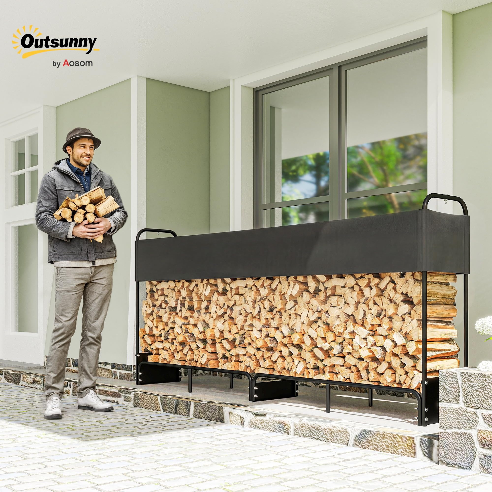 Outsunny Kaminholzaufbewahrung für den Außenbereich, 260 x 38 x 118 cm, Kaminholzschuppen mit wasserdichter Abdeckung 600D Oxford, Traglast 300 kg, Kaminholzständer, ideal für Holzaufbewahrung im